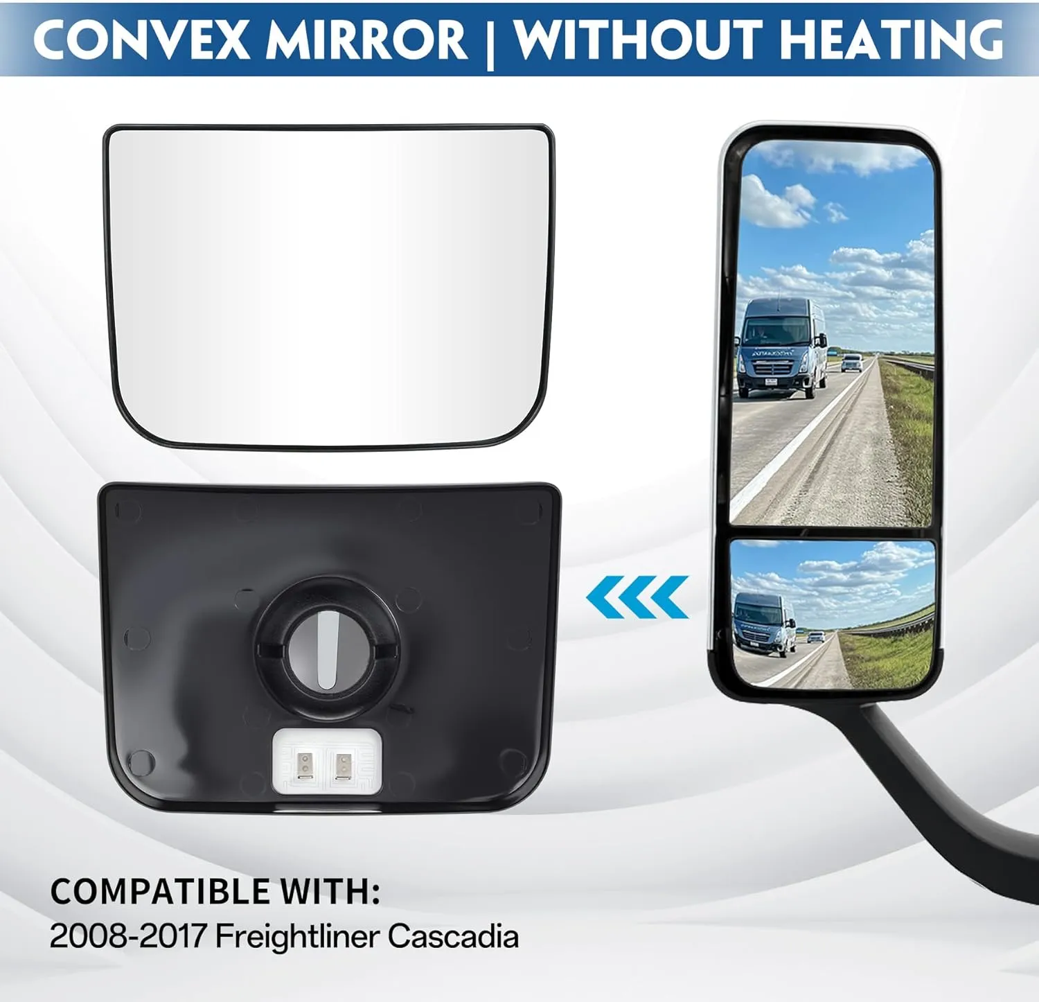 Lower Convex Mirror Glass with Back Plate, Rapid Defrost Heated Small Glass, Wide Angle, High Reflective, for 2008-2017 Freightliner Cascadia, Replaces TL-28717A (Driver/Passenger Side)