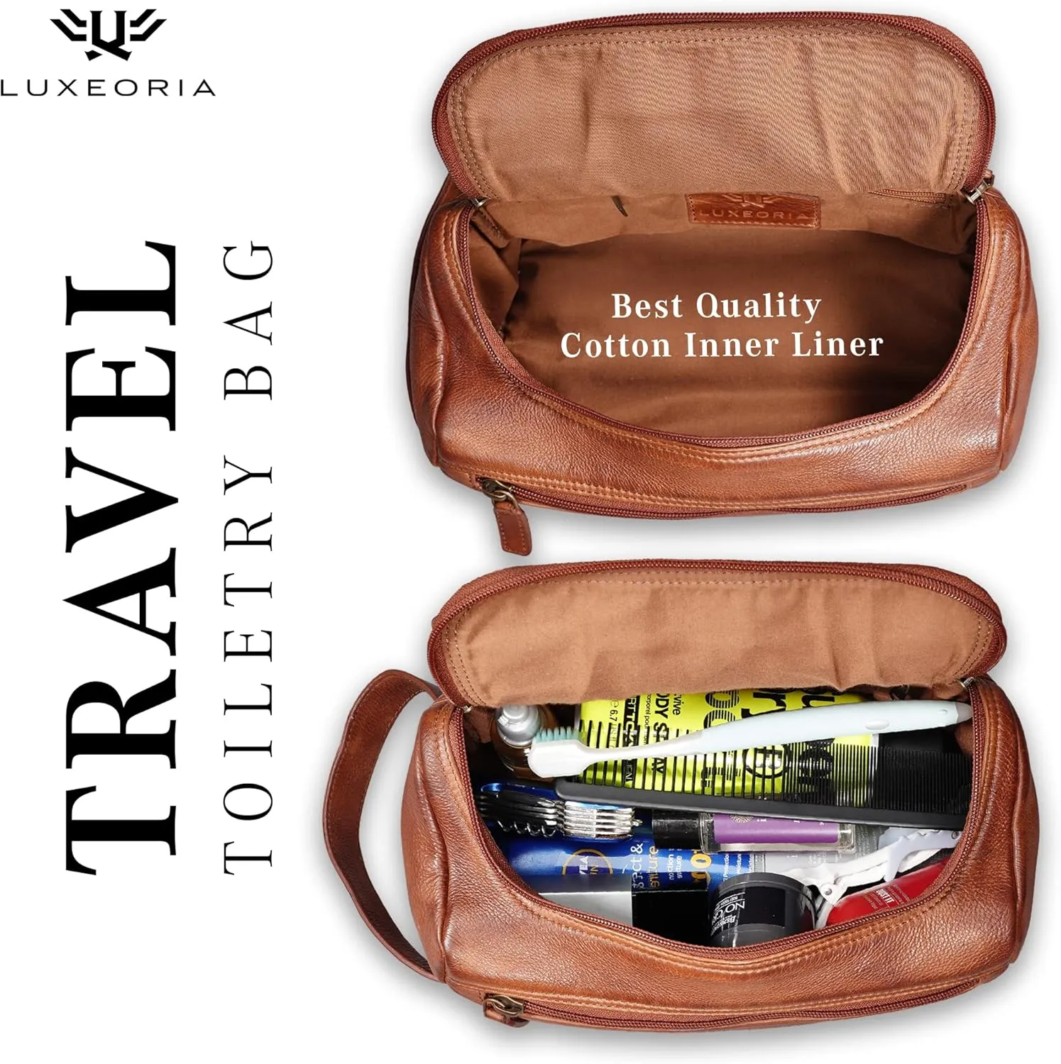 LUXEORIA Genuine Leather Toiletry Bags for Men and Women, Handmade Premium Leather Dopp Kit and Shaving Bag, Cosmetic Bag for Womens and Mens, Travel Essentials & Organizers