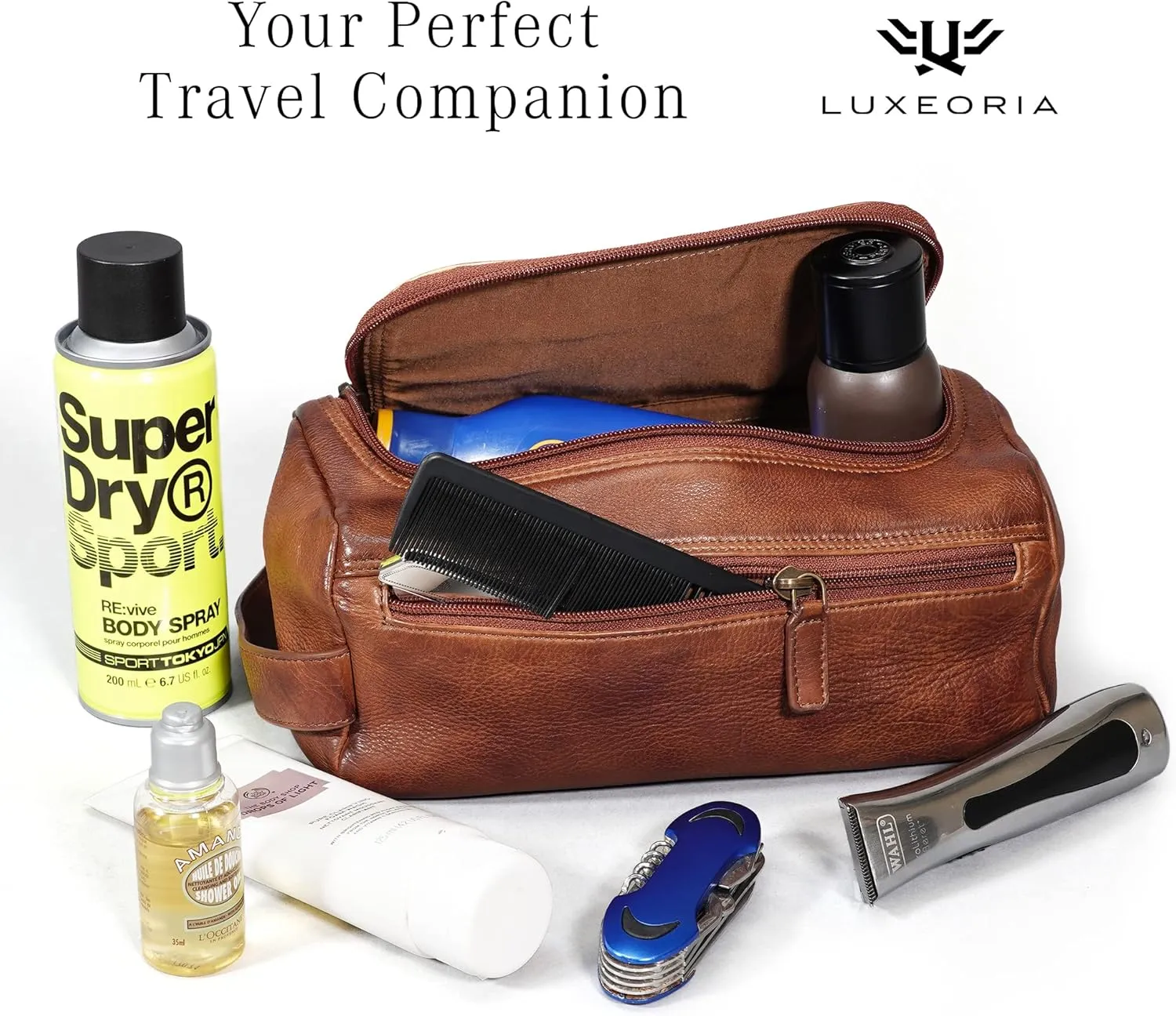 LUXEORIA Genuine Leather Toiletry Bags for Men and Women, Handmade Premium Leather Dopp Kit and Shaving Bag, Cosmetic Bag for Womens and Mens, Travel Essentials & Organizers