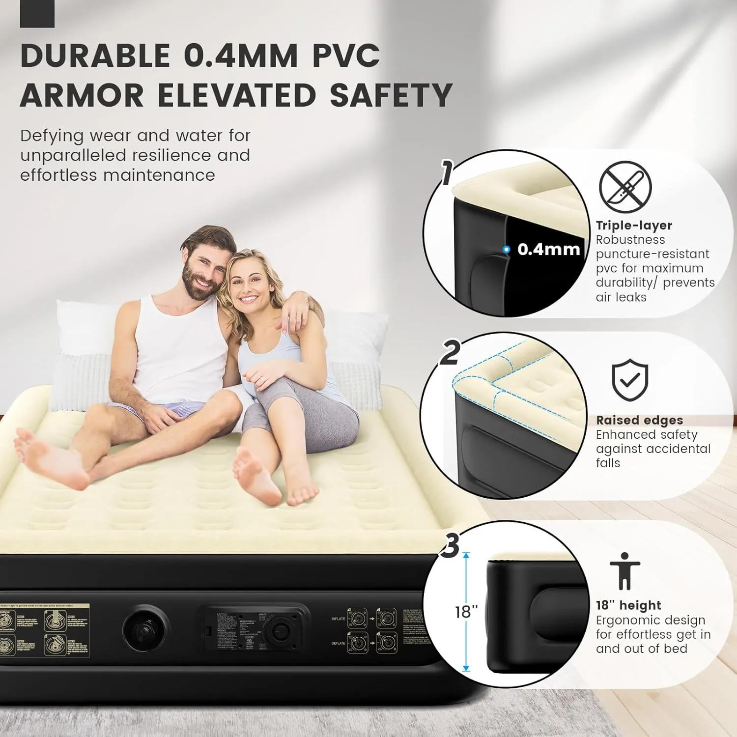 Luxury Air Mattress Queen with Built in Pump, 18'' High Double Blow Up Mattress, Self Inflating Air Bed with Flocked Top and Carry Bag, Durable Portable Airbed for Home Guest and Camping, Khaki