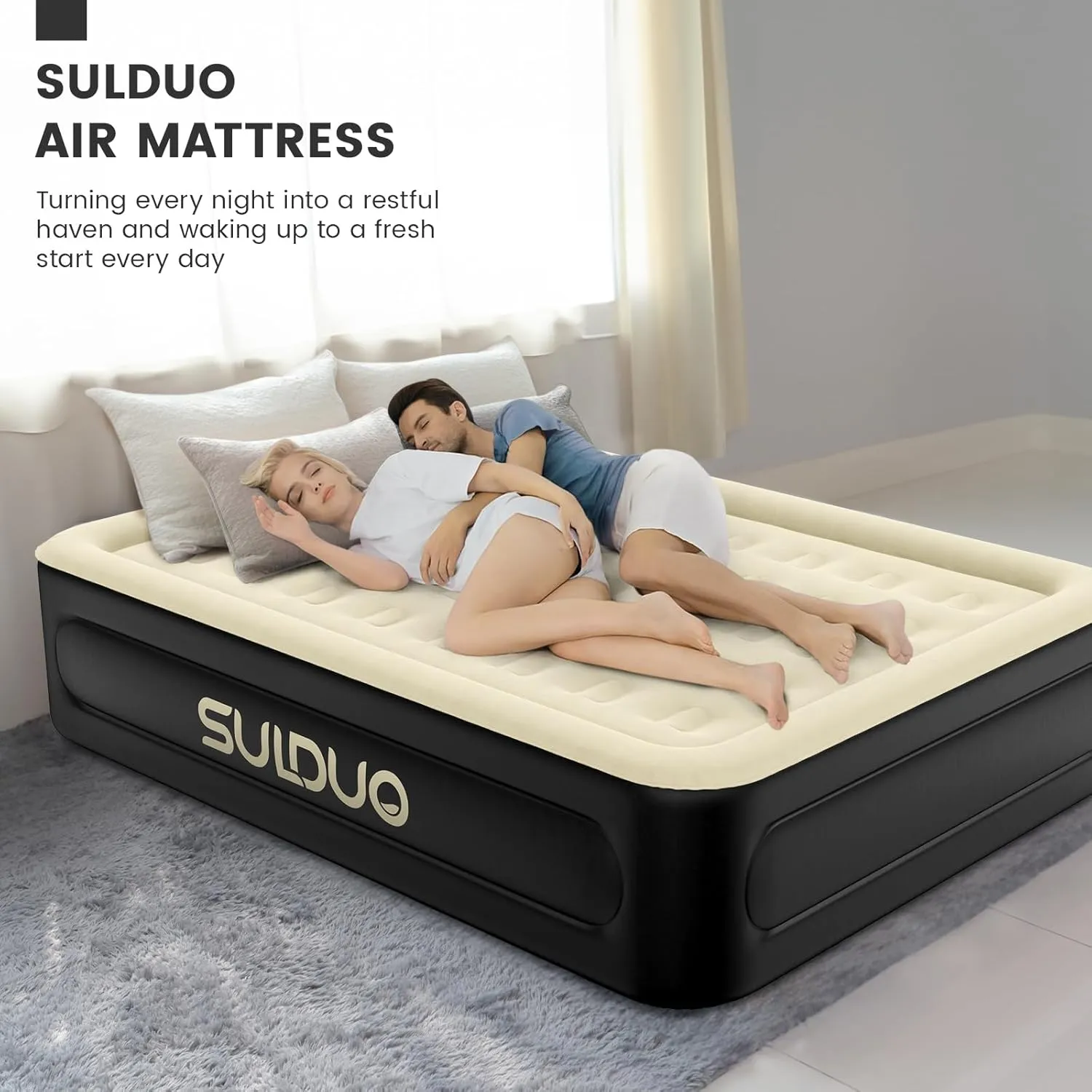 Luxury Air Mattress Queen with Built in Pump, 18'' High Double Blow Up Mattress, Self Inflating Air Bed with Flocked Top and Carry Bag, Durable Portable Airbed for Home Guest and Camping, Khaki