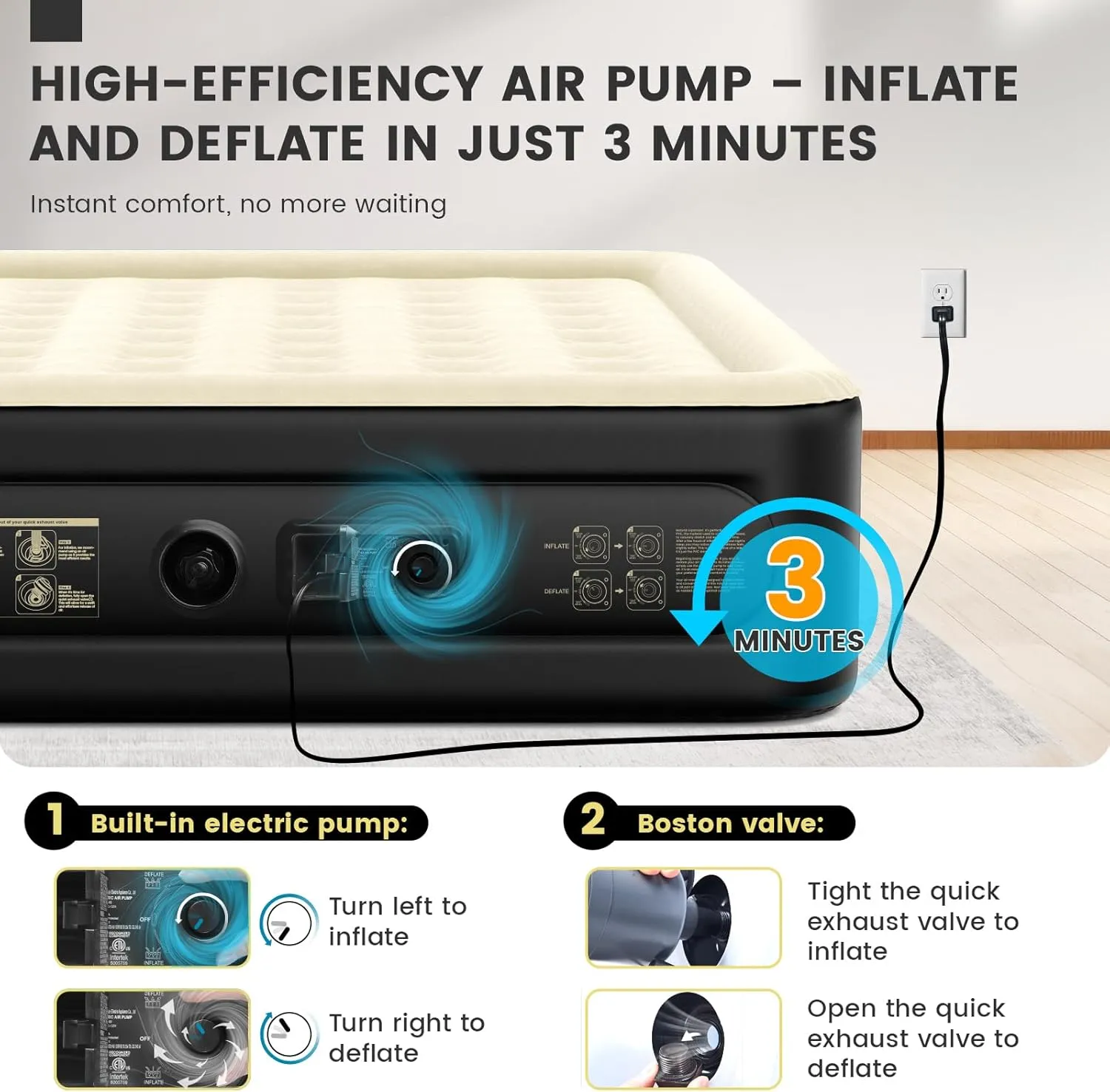 Luxury Air Mattress Queen with Built in Pump, 18'' High Double Blow Up Mattress, Self Inflating Air Bed with Flocked Top and Carry Bag, Durable Portable Airbed for Home Guest and Camping, Khaki