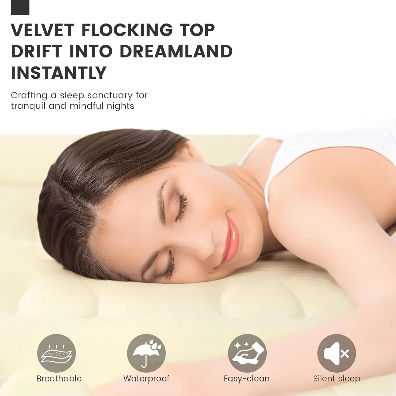 Luxury Air Mattress Queen with Built in Pump, 18'' High Double Blow Up Mattress, Self Inflating Air Bed with Flocked Top and Carry Bag, Durable Portable Airbed for Home Guest and Camping, Khaki