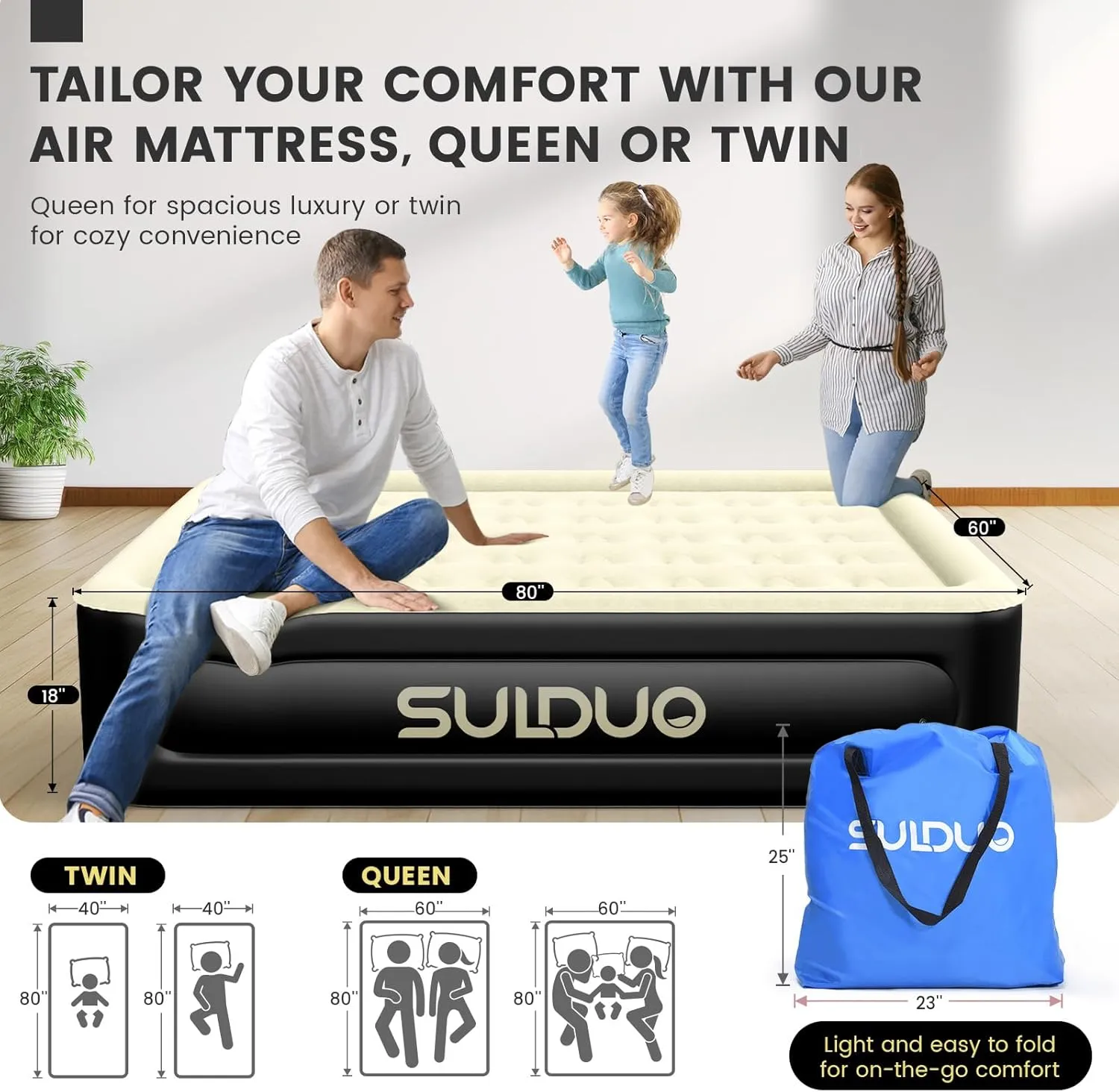 Luxury Air Mattress Queen with Built in Pump, 18'' High Double Blow Up Mattress, Self Inflating Air Bed with Flocked Top and Carry Bag, Durable Portable Airbed for Home Guest and Camping, Khaki