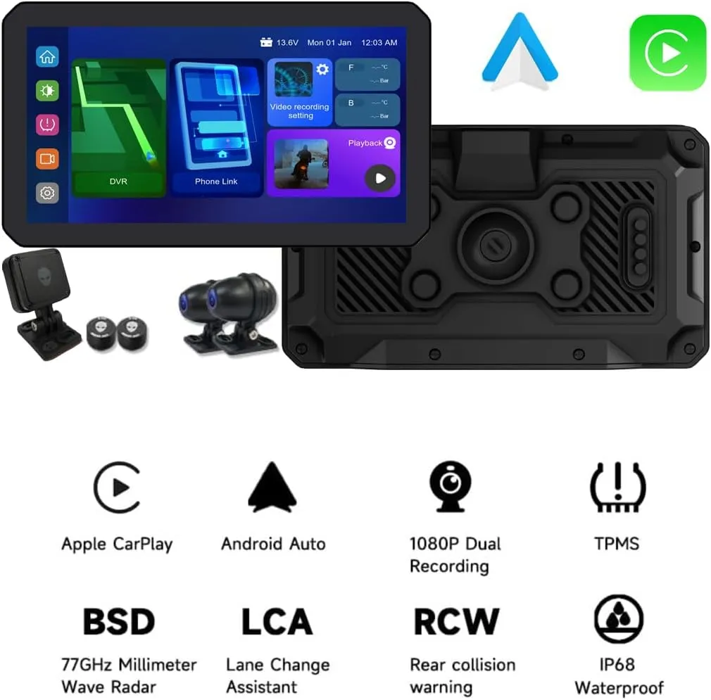 M12S Motorcycle 77G Millimeter Wave Radar Blind Spot Warning,Dash cam Front and Rear,Wireless CarPlay/Android Auto,Wired Remote,Night Vision,TPMS,G-Sensor,1080P(Host Tpms Cameras Radar)