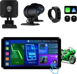 M12S Motorcycle 77G Millimeter Wave Radar Blind Spot Warning,Dash cam Front and Rear,Wireless CarPlay/Android Auto,Wired Remote,Night Vision,TPMS,G-Sensor,1080P(Host Tpms Cameras Radar)