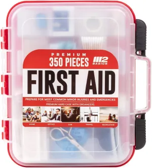 M2 BASICS Professional 350 Piece First Aid Kit | Business, Home, Car | Hard Case, Dual Layer, Wall Mountable | Emergency Kit, Emergency Medical Kit
