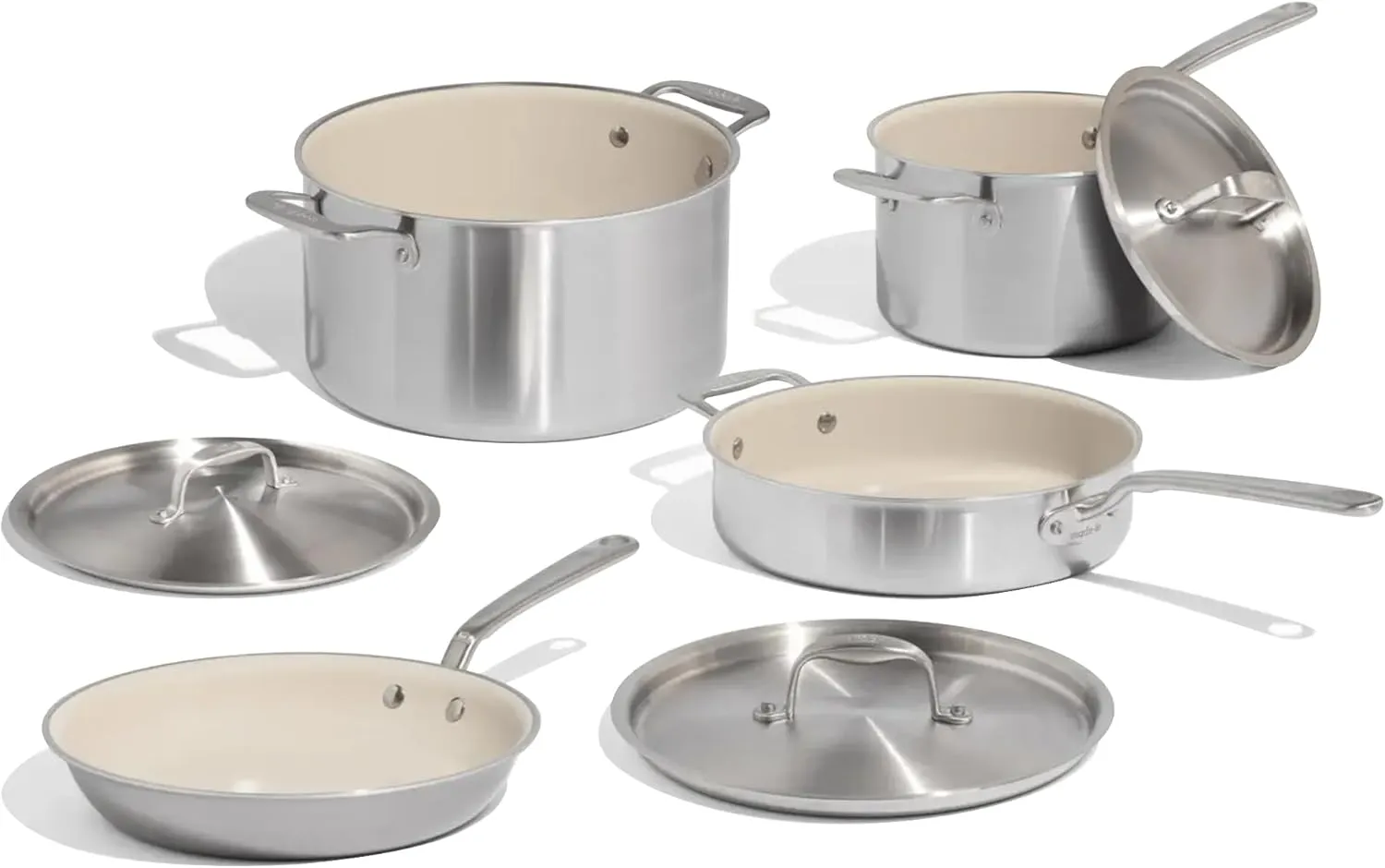 Made In Cookware - 7-Piece CeramiClad Non Stick Pot and Pan Set (Stainless Handle) - 5-Ply Stainless Clad - Professional Cookware - Crafted in Italy - Induction Compatible