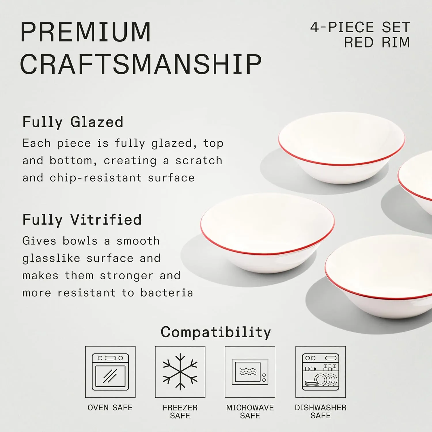 Made In Cookware - Set of 4 - Side Bowls - White With Red Rim - Porcelain England