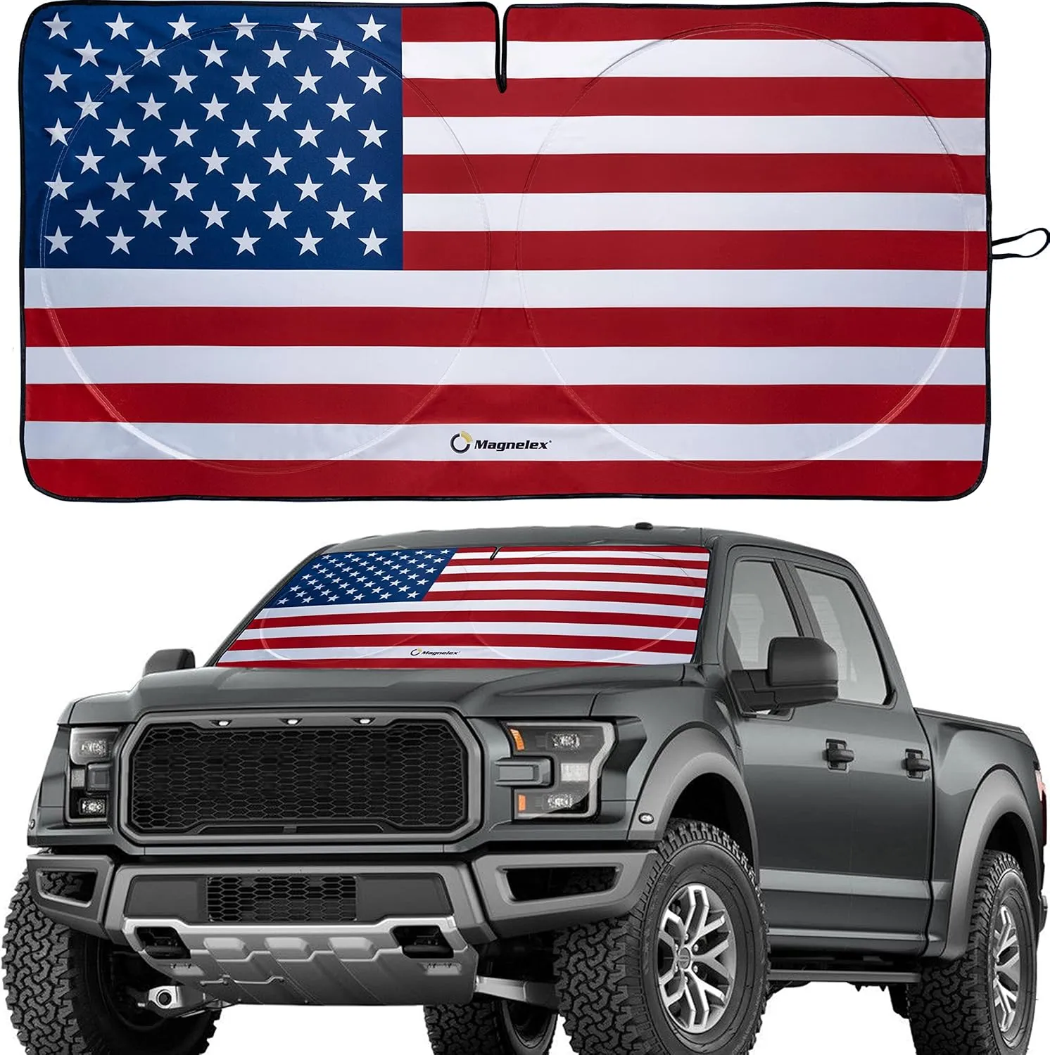 Magnelex American Flag Windshield Sun Shade, High-Resolution Sun Shield with Mirror Cut-Out for Automotive Interior Sun Protection Heat Reduction, Folding Car Sunshade with Storage Bag - X-Large