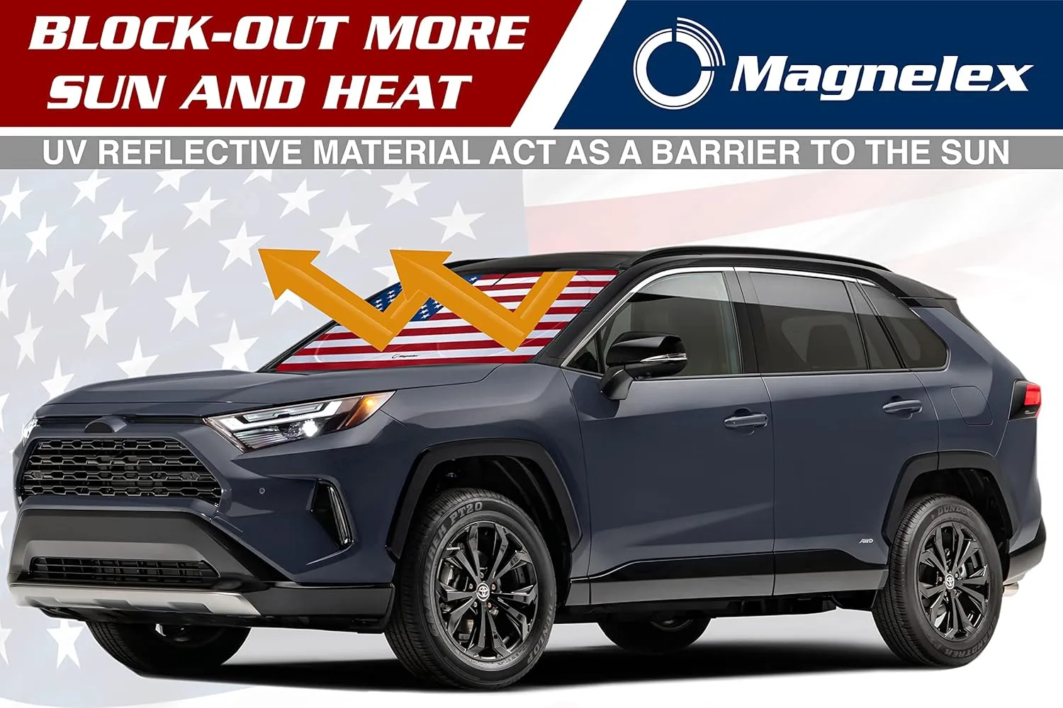 Magnelex American Flag Windshield Sun Shade, High-Resolution Sun Shield with Mirror Cut-Out for Automotive Interior Sun Protection Heat Reduction, Folding Car Sunshade with Storage Bag - X-Large