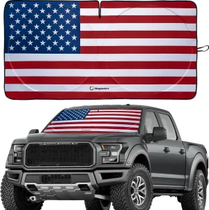Magnelex American Flag Windshield Sun Shade, High-Resolution Sun Shield with Mirror Cut-Out for Automotive Interior Sun Protection Heat Reduction, Folding Car Sunshade with Storage Bag - X-Large