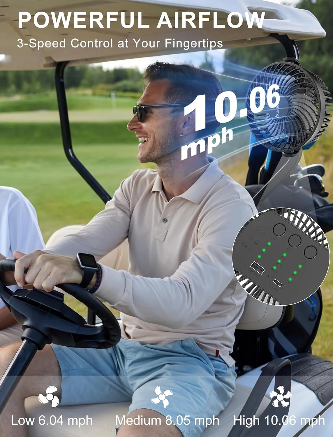 Magnetic Golf Cart Fan Rechargeable, 12000mAH Battery Operated Portable Fan with 3 Speeds, LED Lantern, Magnetic Base, Compatible with EZGO Club Car Yamaha, Golf Cart & Cruise Ship Accessories
