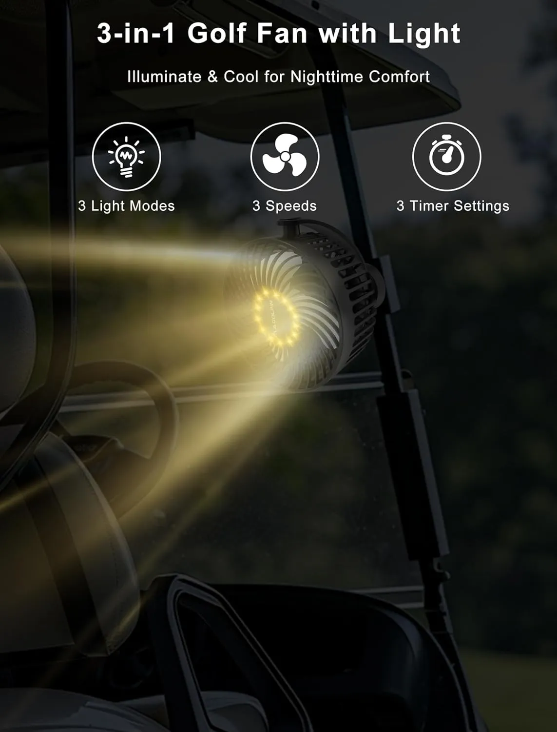 Magnetic Golf Cart Fan Rechargeable, 12000mAH Battery Operated Portable Fan with 3 Speeds, LED Lantern, Magnetic Base, Compatible with EZGO Club Car Yamaha, Golf Cart & Cruise Ship Accessories