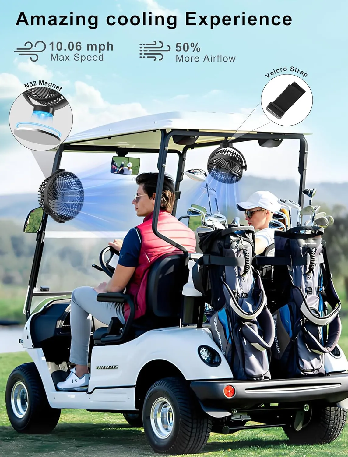 Magnetic Golf Cart Fan Rechargeable, 12000mAH Battery Operated Portable Fan with 3 Speeds, LED Lantern, Magnetic Base, Compatible with EZGO Club Car Yamaha, Golf Cart & Cruise Ship Accessories