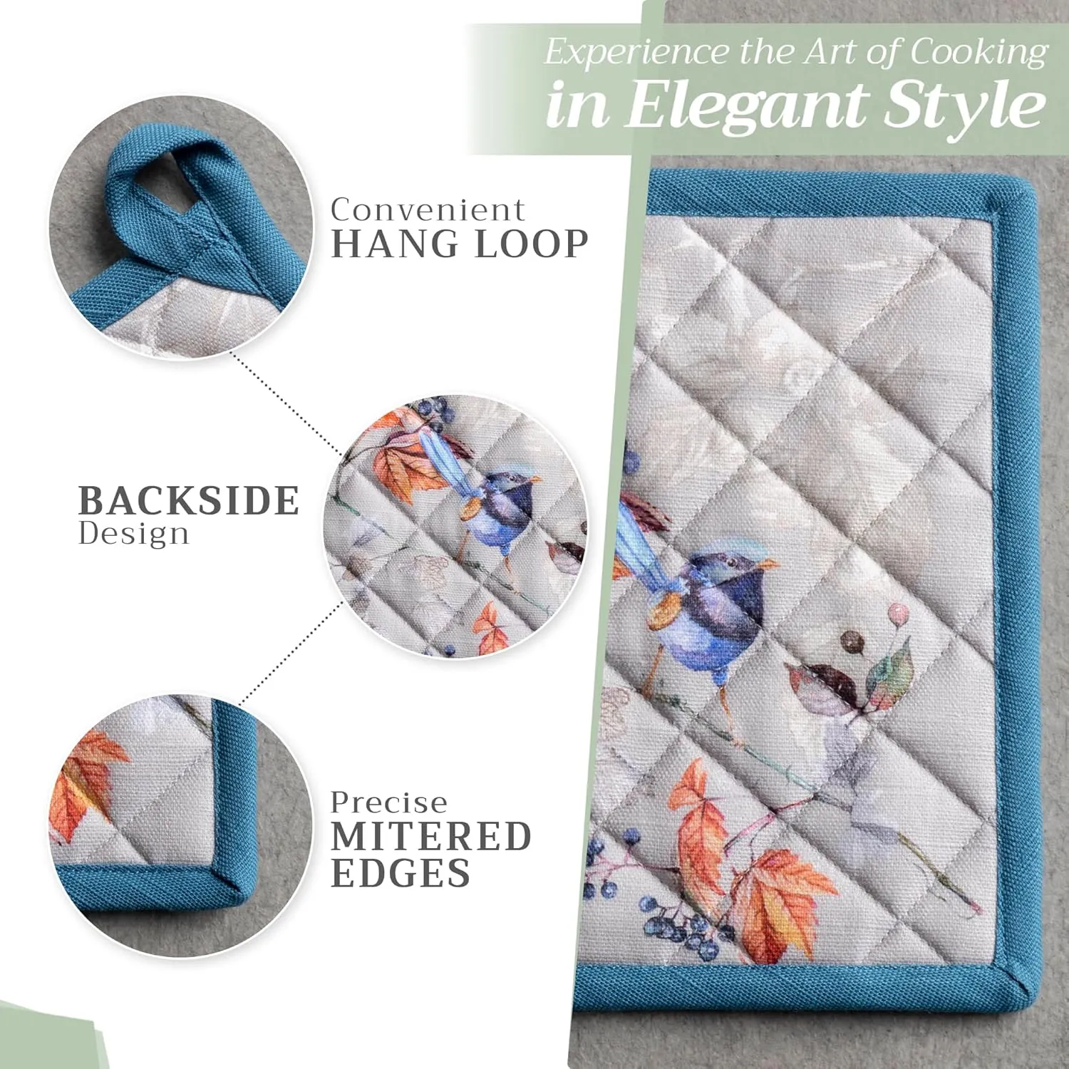 Maison d' Hermine Pot Holders Set 100% Cotton Heat Resistant Potholders 8" x 8" Hot Pads with Loop BBQ, Cooking, Baking, Grilling, Kitchen, Handling Hot Pans (Pack of 2, Equinoxe - Grey)