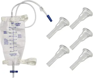 Male Urine Leg Bag Collector,5-Condom Catheters Self-Seal 35mm (Intermediate), Premium Leg Bag 750ml 30 Inch PVC Extension Tubing, Tubing Straps & Fast and Easy Draining