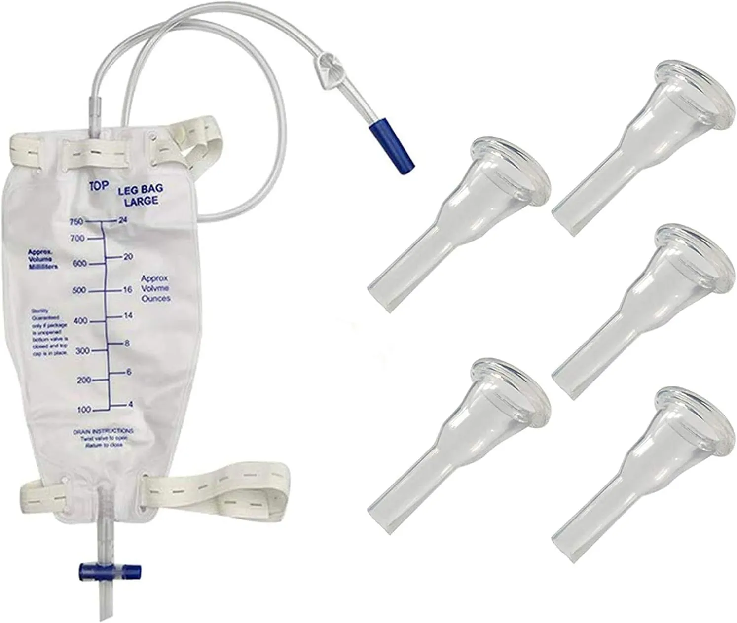 Male Urine Leg Bag Collector,5-Condom Catheters Self-Seal 35mm (Intermediate), Premium Leg Bag 750ml 30 Inch PVC Extension Tubing, Tubing Straps & Fast and Easy Draining
