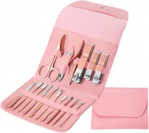 Manicure Set Nail Clippers Pedicure Kit - 16 in 1 Stainless Steel Manicure Set, Portable Nail Scissors Grooming Kit, Perfect for Travel, Ideal Gift for Man & Women (Pink)