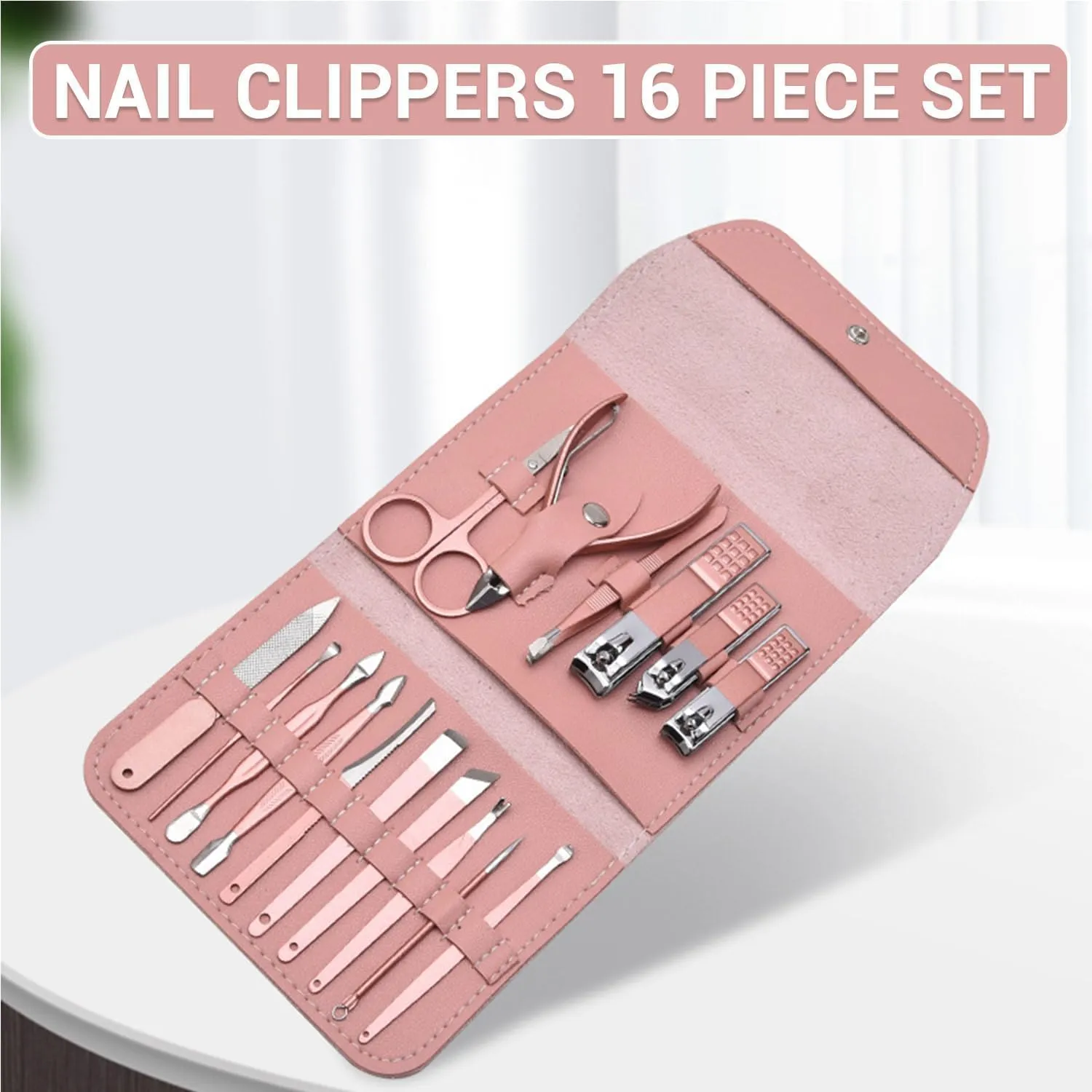 Manicure Set Nail Clippers Pedicure Kit - 16 in 1 Stainless Steel Manicure Set, Portable Nail Scissors Grooming Kit, Perfect for Travel, Ideal Gift for Man & Women (Pink)