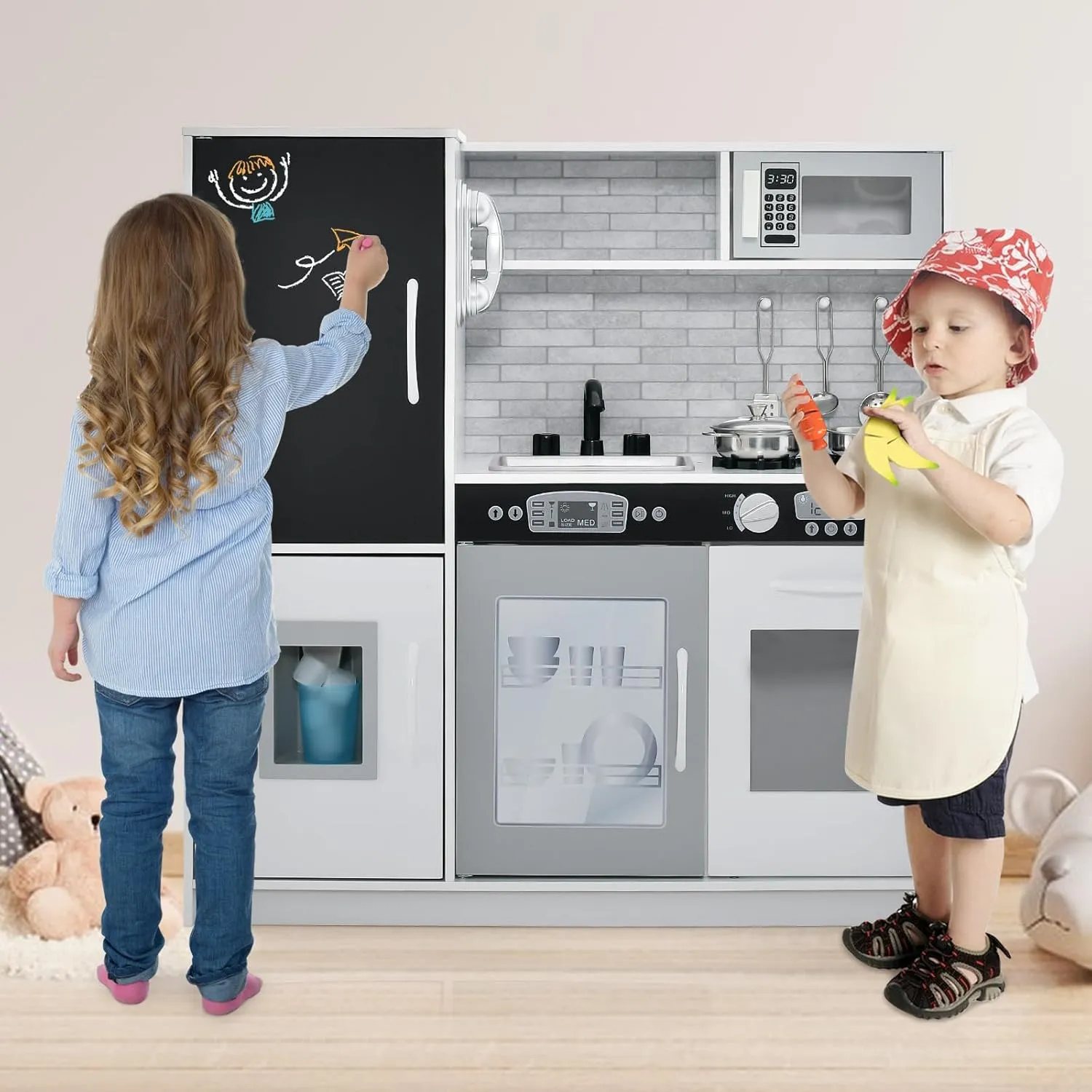 MAT EXPERT Kids Kitchen Playset, Wooden Chef Pretend Toy Kitchen w/Chalkboard, Ice Maker, Cookware Accessories, Telephone, Oven, Microwave, Play Kitchen for Toddlers, Gift for Boys Girls 3  (White)