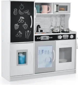 MAT EXPERT Kids Kitchen Playset, Wooden Chef Pretend Toy Kitchen w/Chalkboard, Ice Maker, Cookware Accessories, Telephone, Oven, Microwave, Play Kitchen for Toddlers, Gift for Boys Girls 3  (White)
