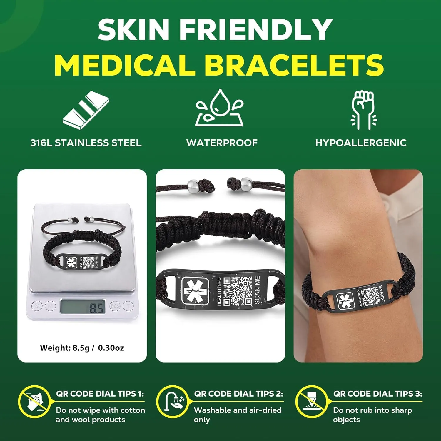 Medical Bracelets for Sport Men Women with QR Code Medical Alert ID Bracelets - Nylon Waterproof Wristband Fits Wrists Up to 7 inches - More Space Custom Emergency Med ID Alert Info