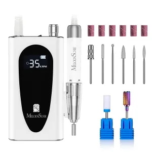 MelodySusie 35000RPM MM400C Nail Drill Professional, Rechargeable Cordless Nail File Portable Efile for Acrylic Gel Nails Remove, 8Pcs Nail Drill Bits, Low Noise Low Heat, Sparkle Plus,White