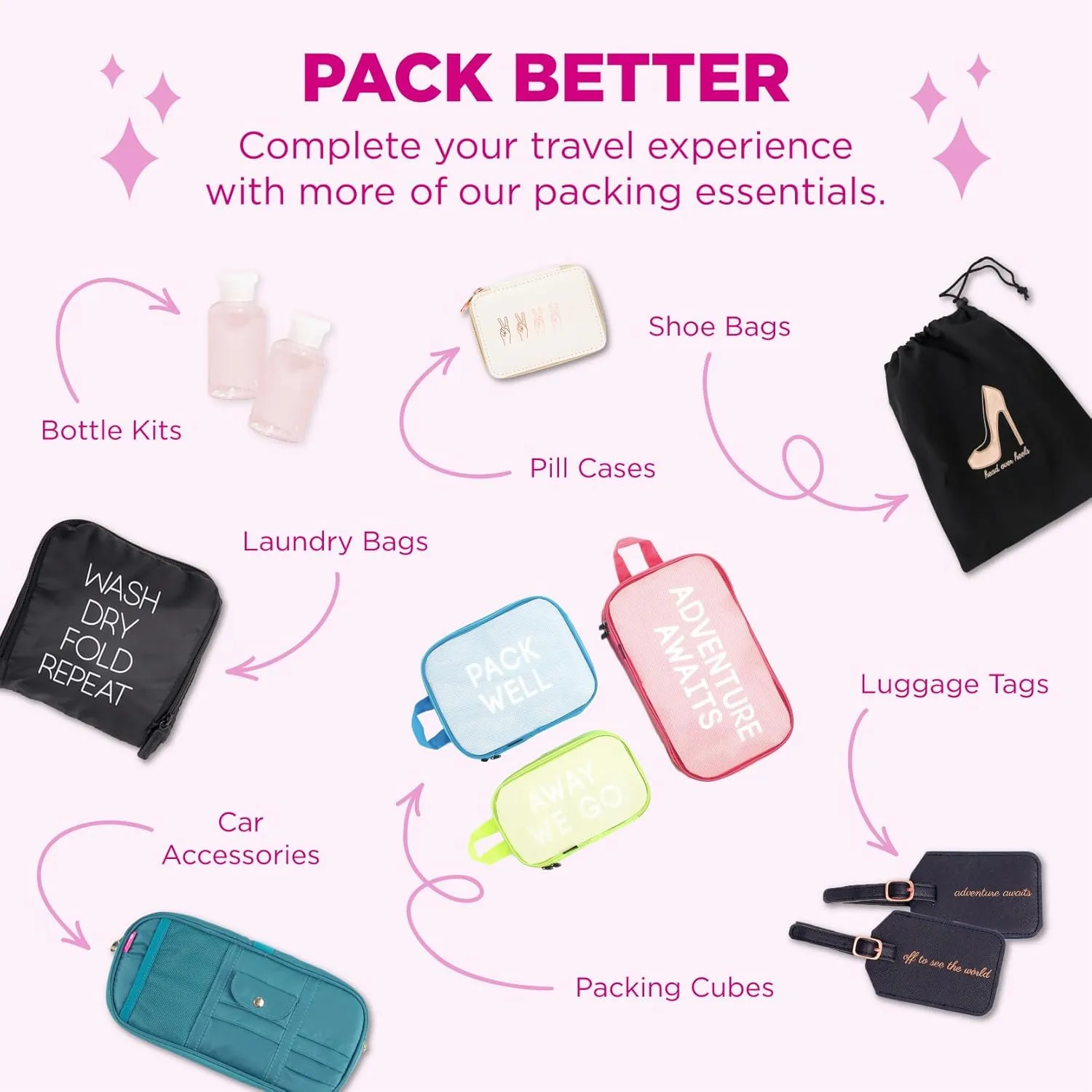 MIAMICA Women's TSA Compliant Bottles and Travel Toiletry Bag with 4 Pieces, Fuchsia, 7.25” L x 7.85” W x 1.85” D