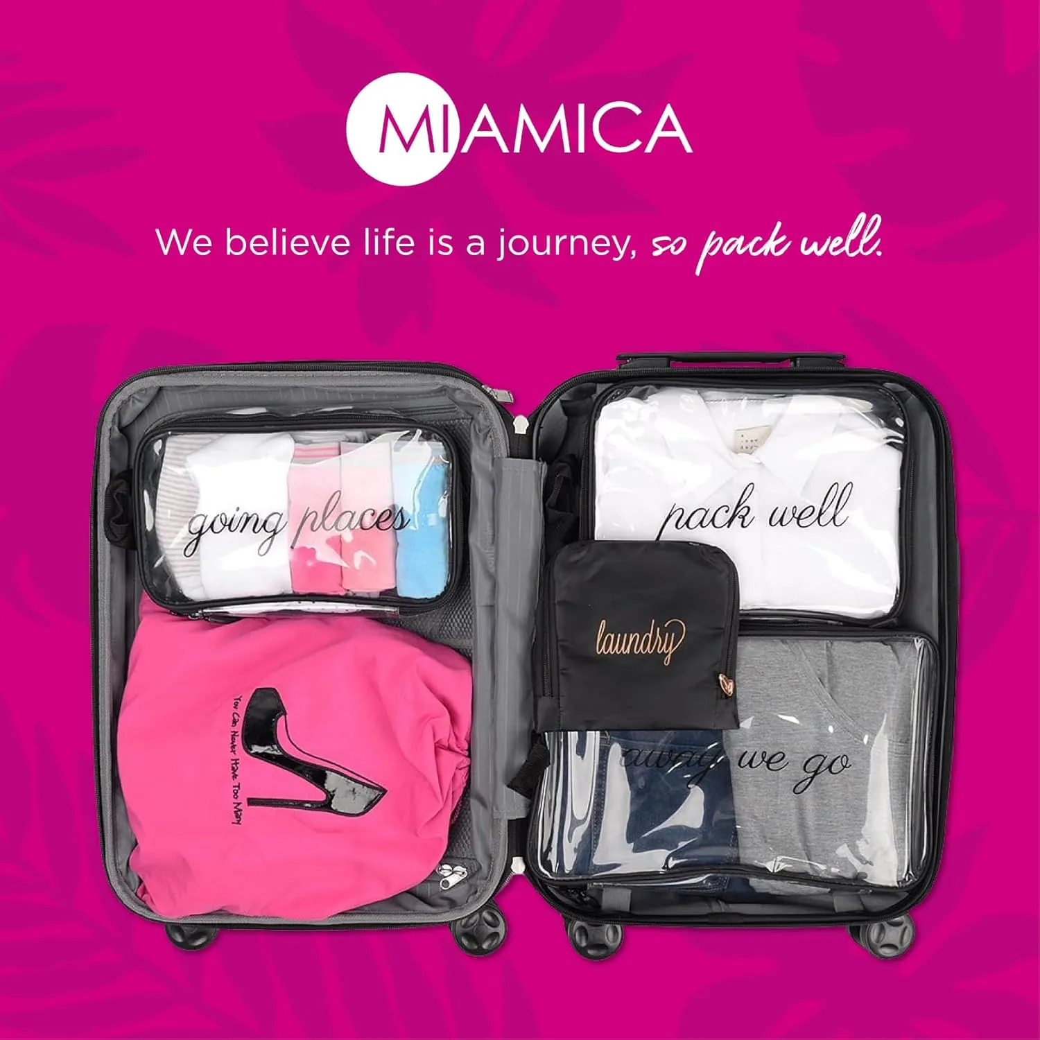 MIAMICA Women's TSA Compliant Bottles and Travel Toiletry Bag with 4 Pieces, Fuchsia, 7.25” L x 7.85” W x 1.85” D