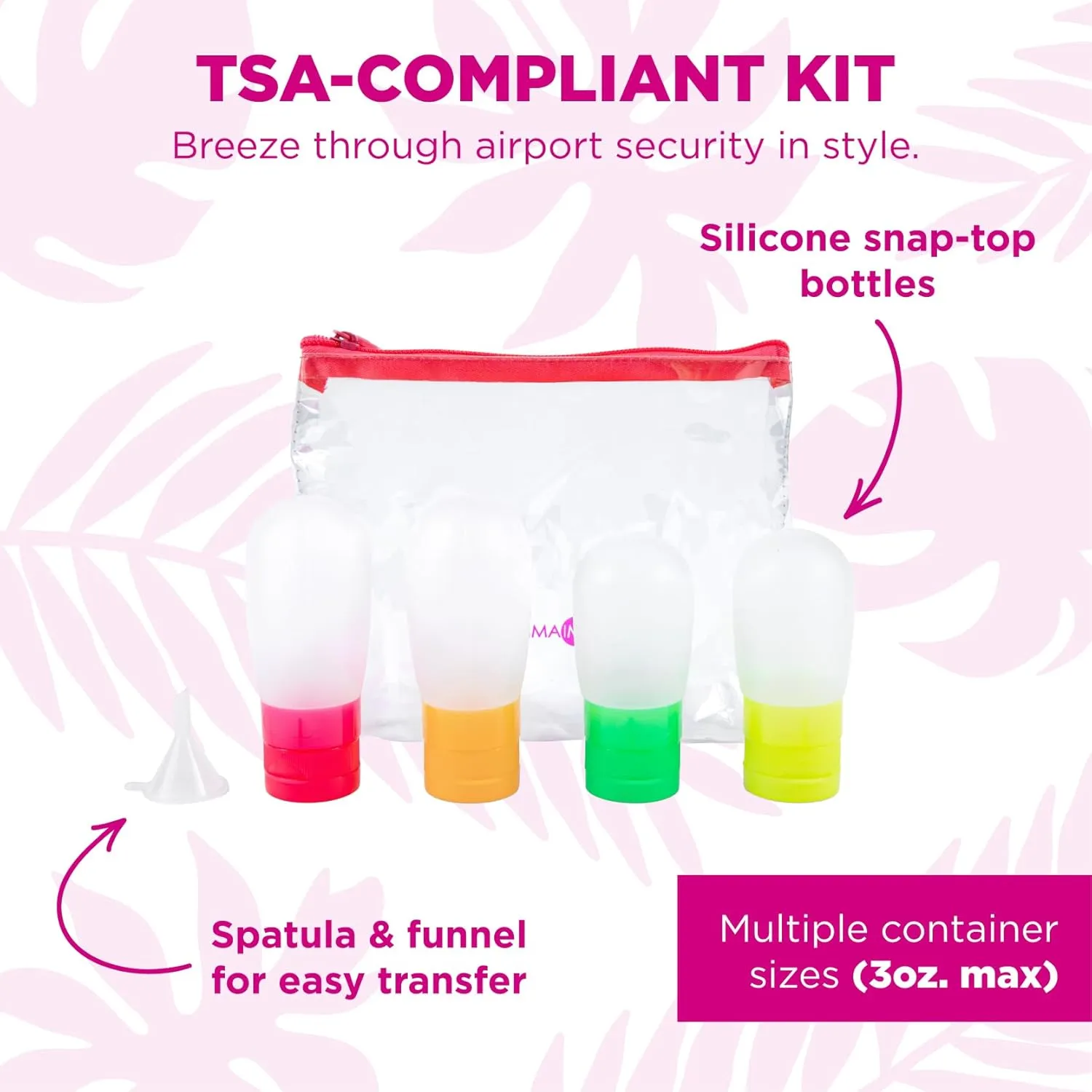 MIAMICA Women's TSA Compliant Bottles and Travel Toiletry Bag with 4 Pieces, Fuchsia, 7.25” L x 7.85” W x 1.85” D