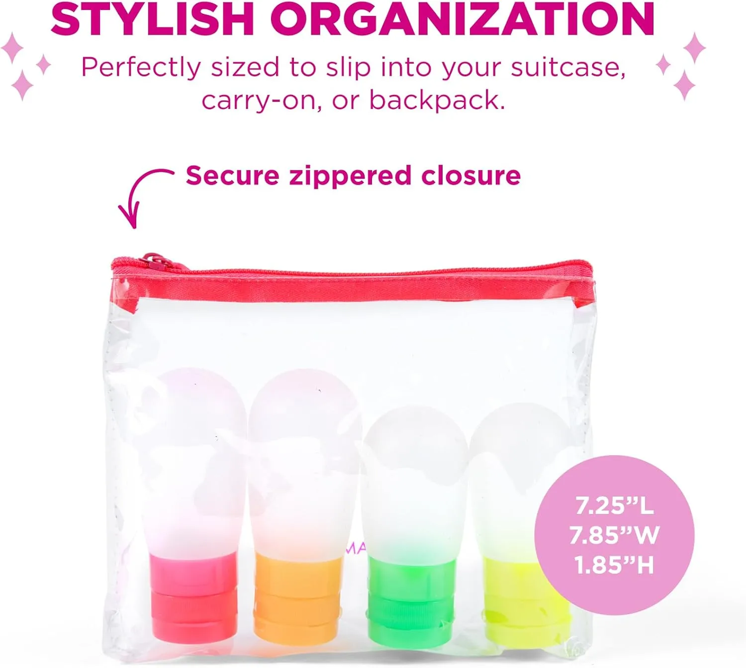 MIAMICA Women's TSA Compliant Bottles and Travel Toiletry Bag with 4 Pieces, Fuchsia, 7.25” L x 7.85” W x 1.85” D