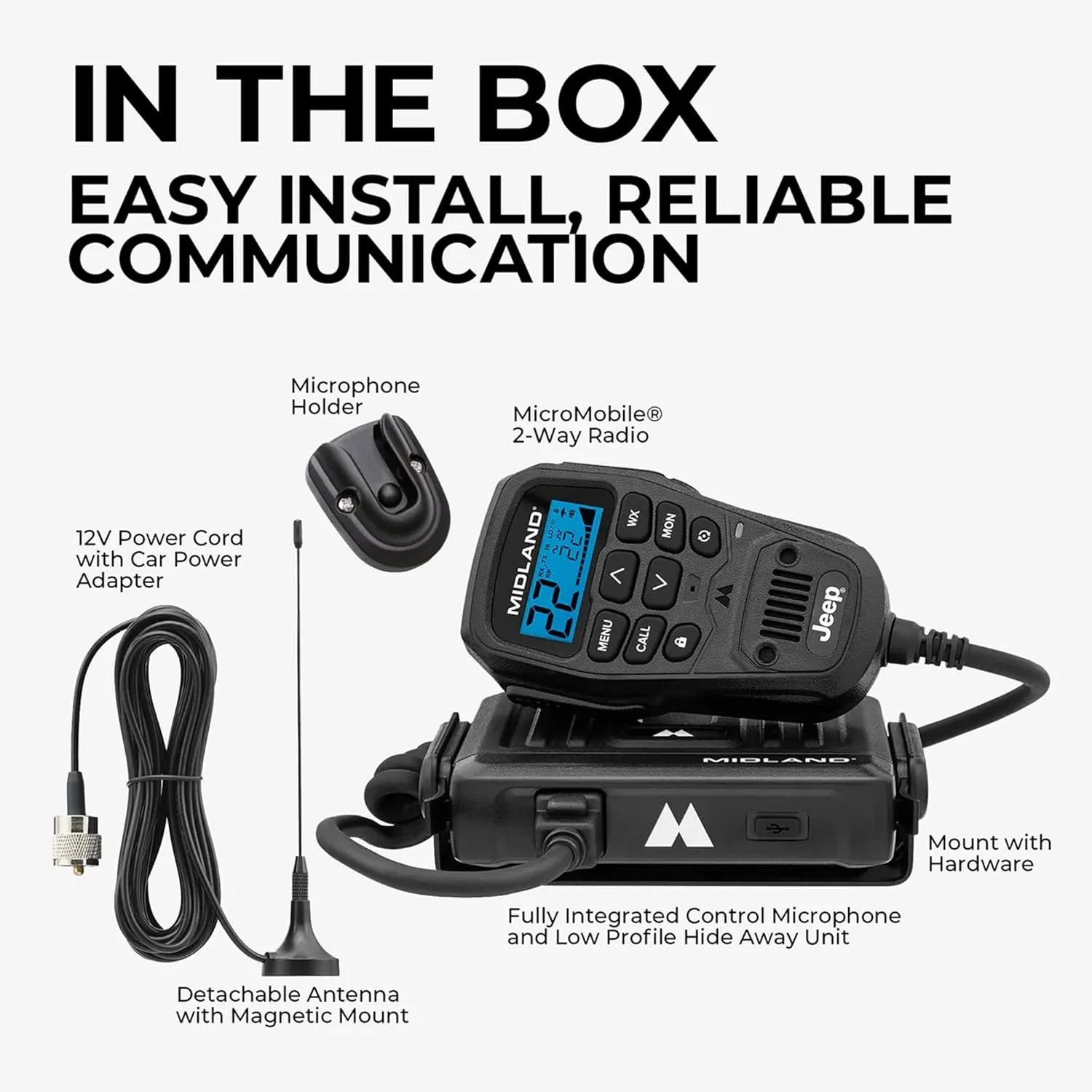 Midland - MXT275 Jeep Branded MicroMobile GMRS Radio - 15 Watts Two-Way Radio with Integrated Control Microphone - Overland Tractors Detachable External Magnetic Mount Antenna - 8 Repeater Channels