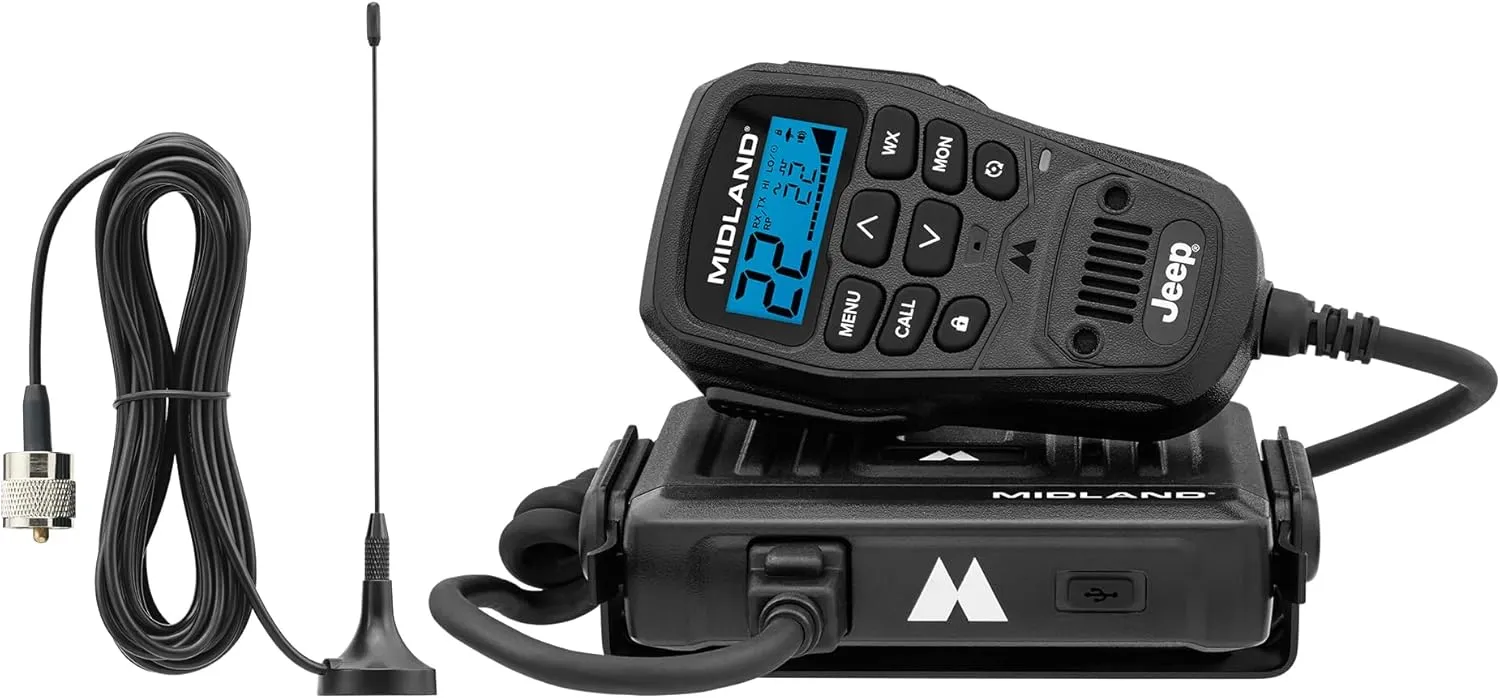 Midland - MXT275 Jeep Branded MicroMobile GMRS Radio - 15 Watts Two-Way Radio with Integrated Control Microphone - Overland Tractors Detachable External Magnetic Mount Antenna - 8 Repeater Channels