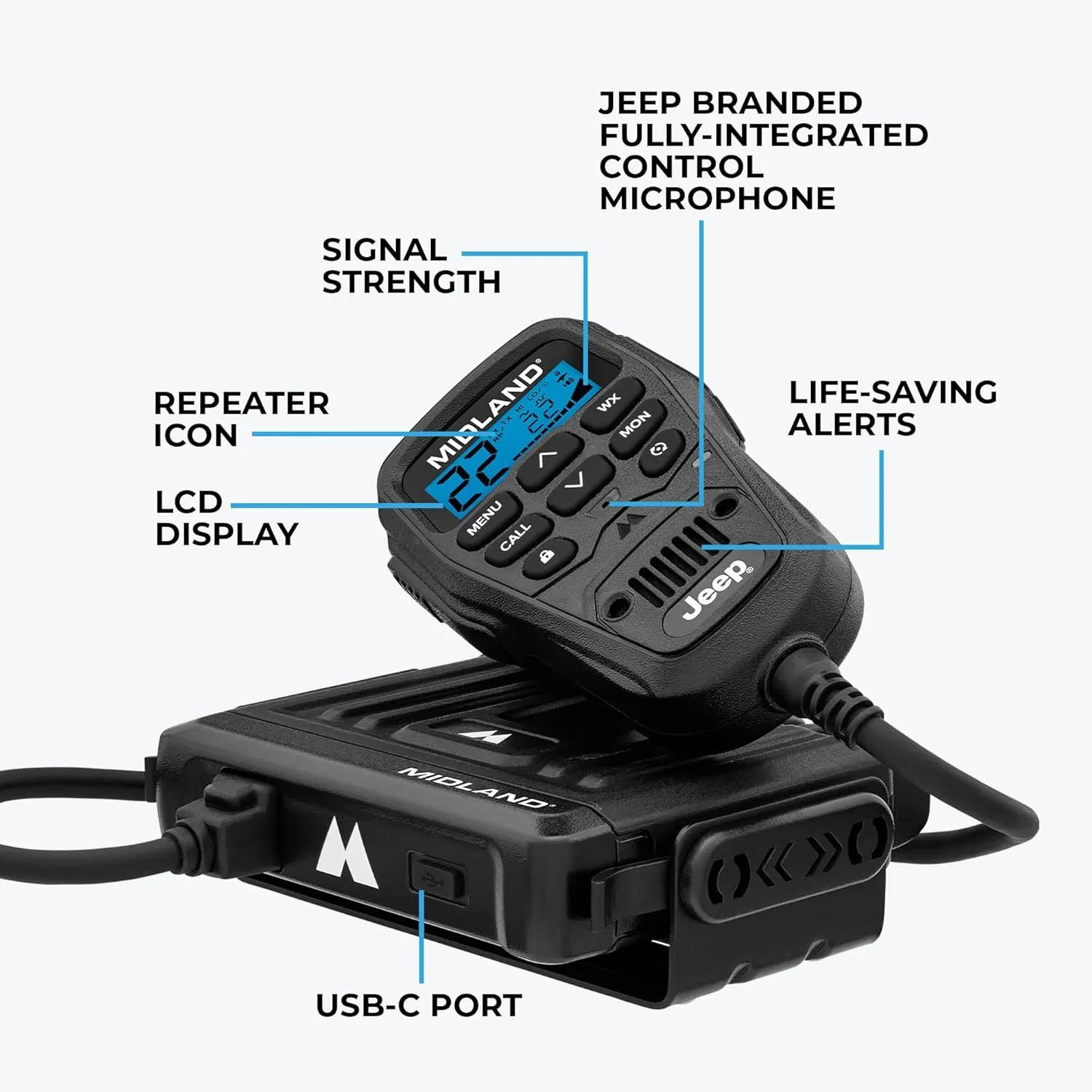 Midland - MXT275 Jeep Branded MicroMobile GMRS Radio - 15 Watts Two-Way Radio with Integrated Control Microphone - Overland Tractors Detachable External Magnetic Mount Antenna - 8 Repeater Channels