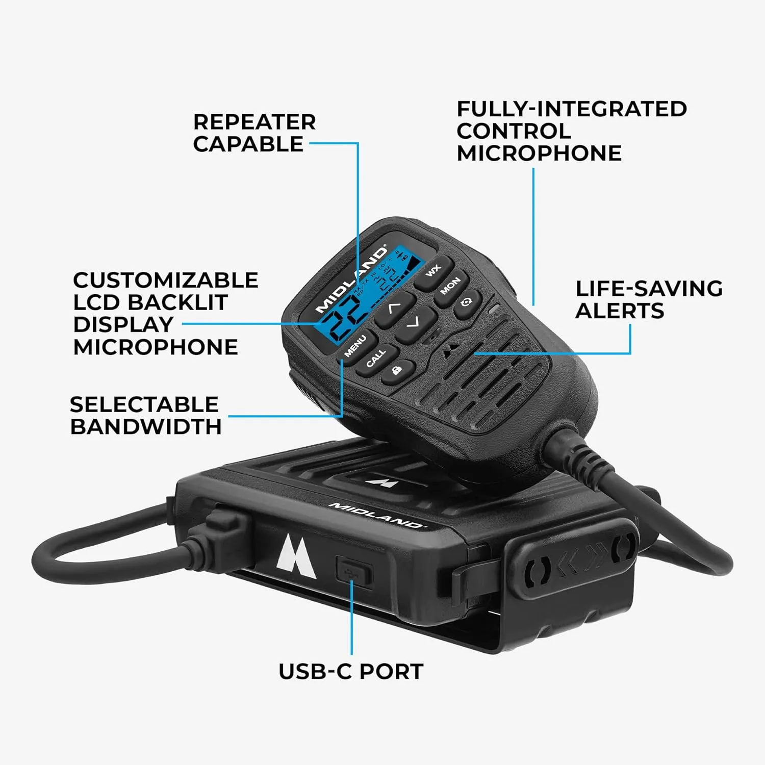Midland - MXT275VP4-15 Watt GMRS MicroMobile Two-Way Radio - ATVs UTVs and Other Off-Road Vehicles - Overlanding Gear - Extended 3dB gain Roll Bar Mount Antenna Microphone Extension Cable