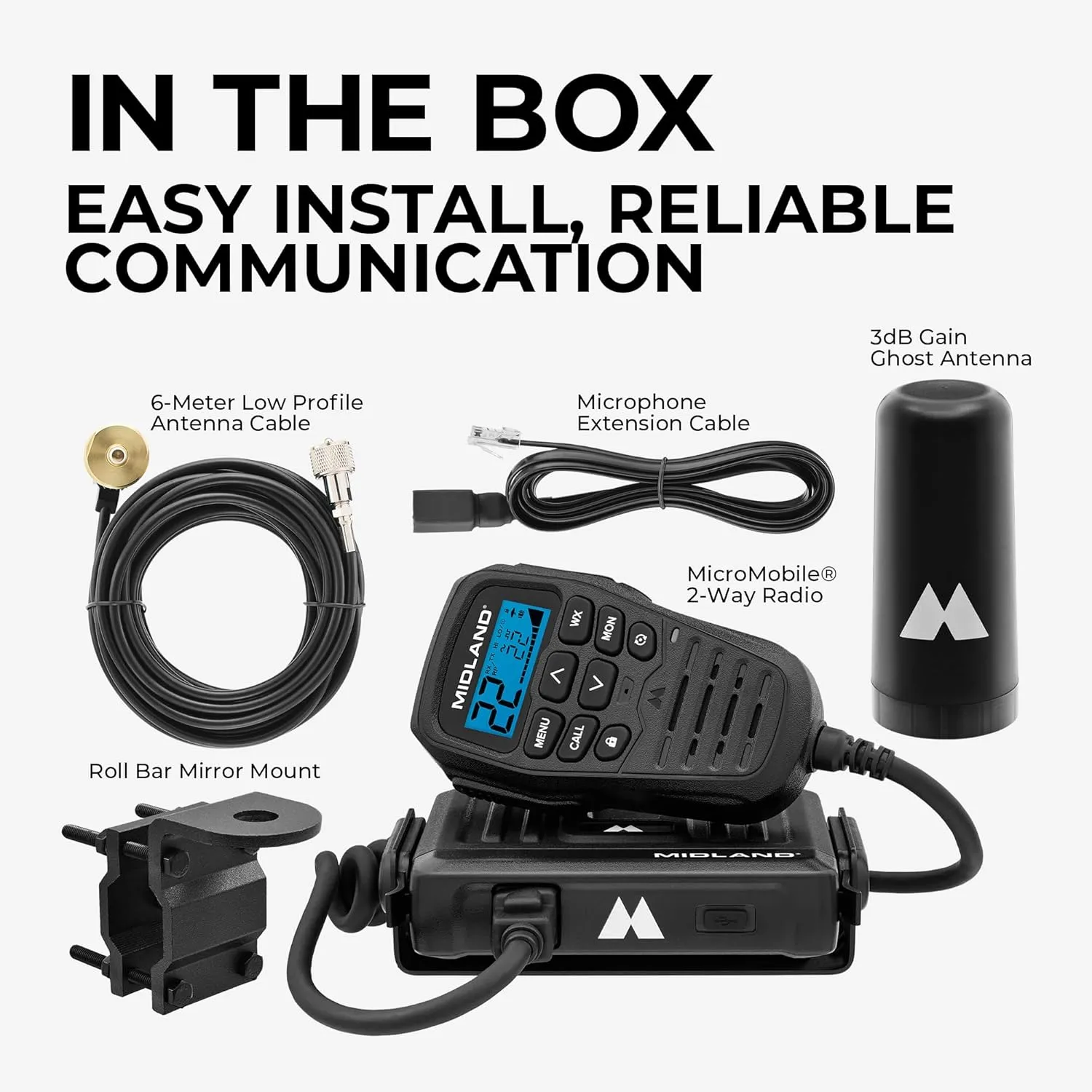 Midland - MXT275VP4-15 Watt GMRS MicroMobile Two-Way Radio - ATVs UTVs and Other Off-Road Vehicles - Overlanding Gear - Extended 3dB gain Roll Bar Mount Antenna Microphone Extension Cable