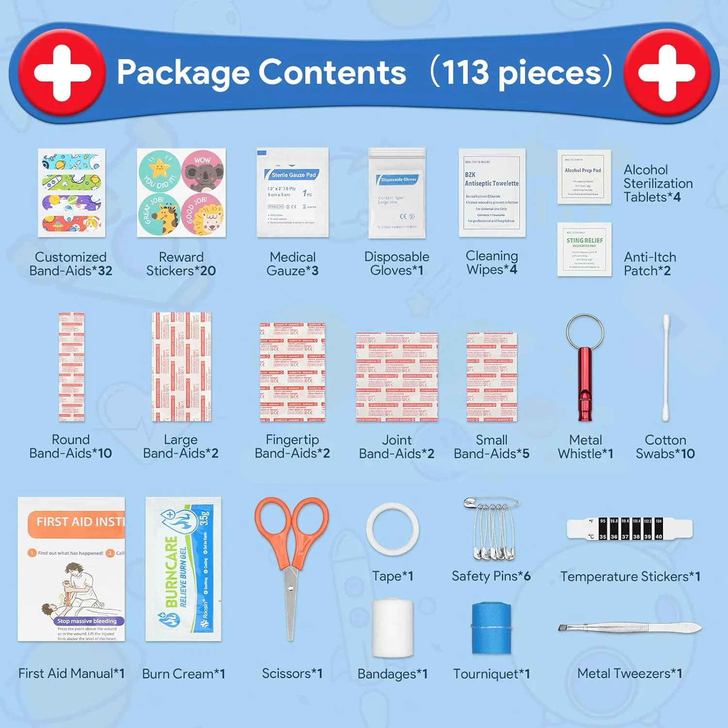 Mini First Aid Kit, 113 Pc. Water-Resistant Hard Toddler Kids Small Cute Case for Car, Home - TSA-Approved Travel Size