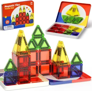 Mini Magnetic Tiles with Iron Case, Magnetic Building Toys Kid's Travel Essential Portable Creativity On-The-Go Magnet Blocks STEM Travel Toys for Toddler Boys Girls Ages 3 , 26-Piece
