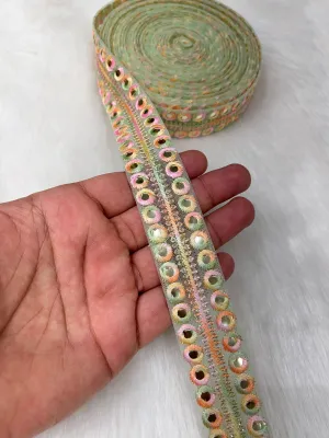 Mirror Lace Border Trims - 9 Meter Decorative Mirror Work Embellishments | L Green