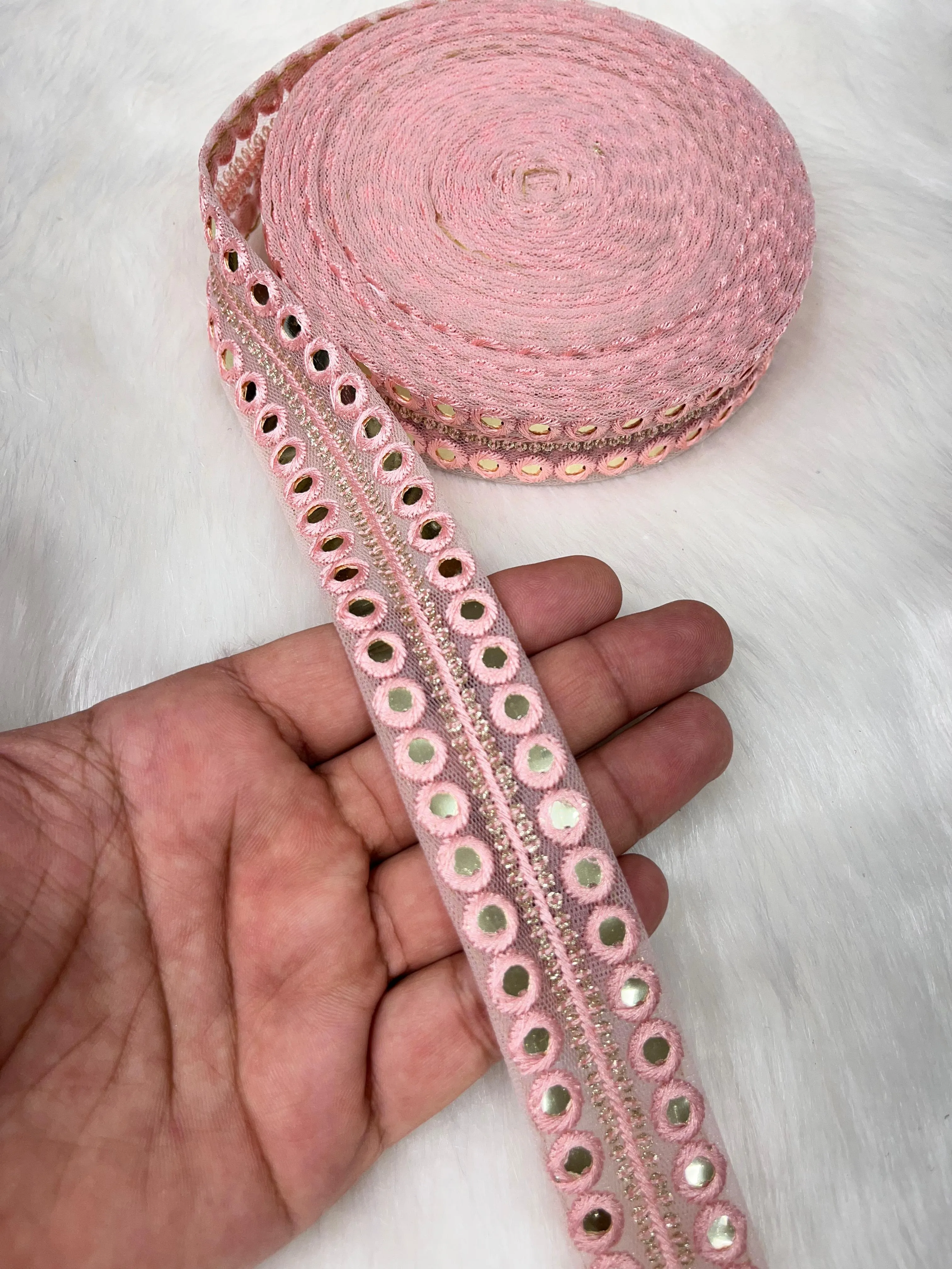Mirror Lace Border Trims - 9 Meter Decorative Mirror Work Embellishments | L Pink