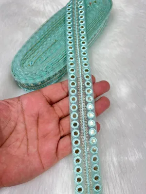 Mirror Lace Border Trims - 9 Meter Decorative Mirror Work Embellishments | Sky Blue