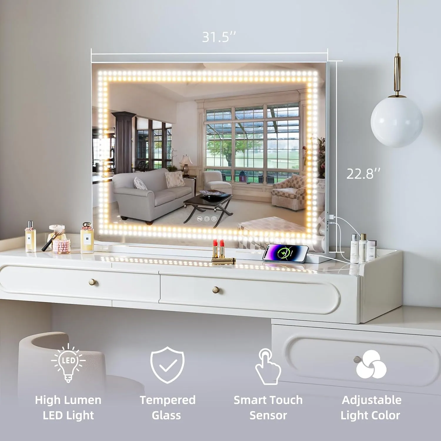Misavanity Vanity Mirror with Lights Dots Makeup Mirror with LED Lights 31.5" x 22.8" Tempered Glass Lamp Bead Touch Screen Control Dimmable 3 Colors Modes USB Charging Port 10X Magnification, White