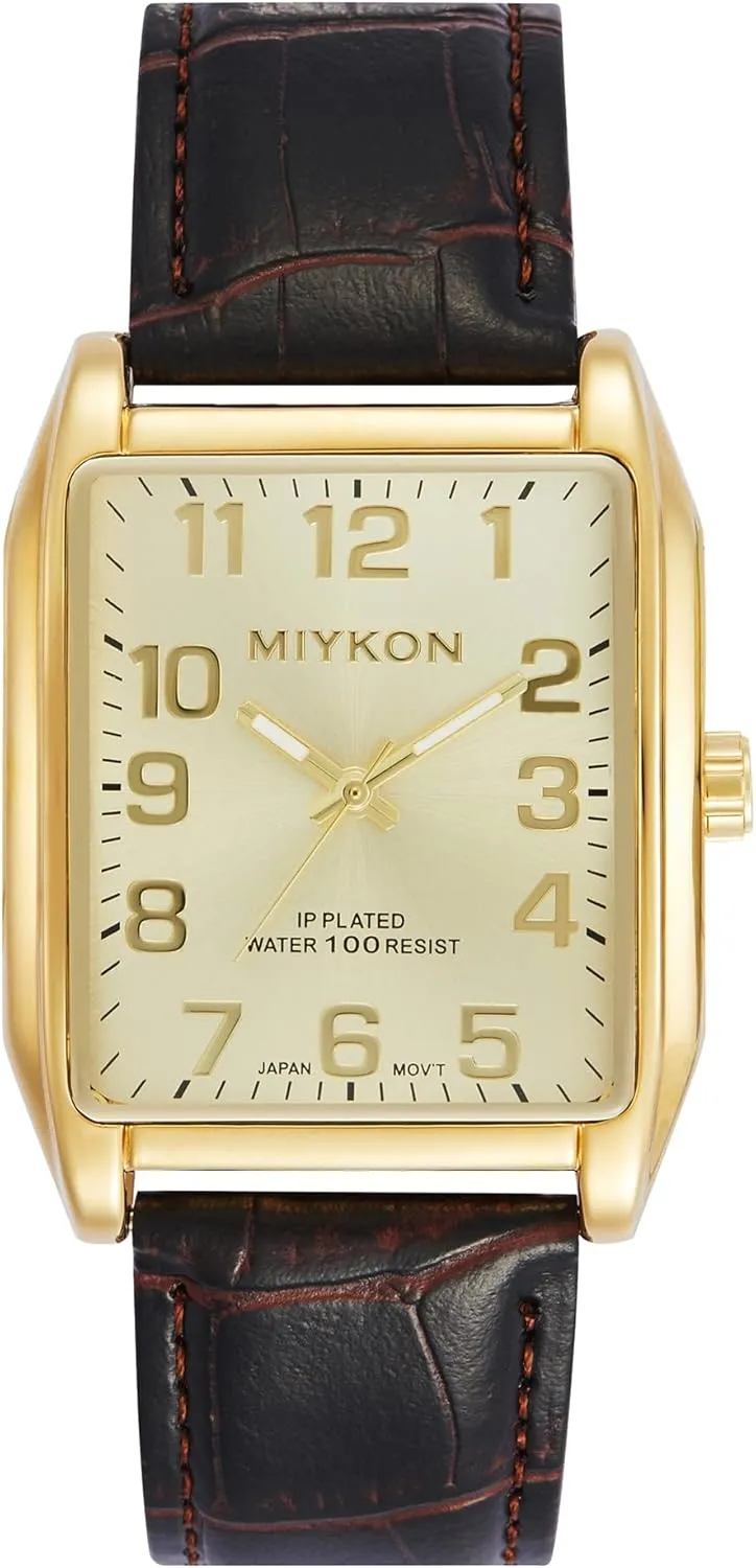 Miykon Vintage Watches for Men - Tank Square Analog Watch with Genuine Leather Wrist Strap for Classic Dress - Ion Polished, Scratch Resistant Glass, Japanese Quartz, Waterproof to 100ft