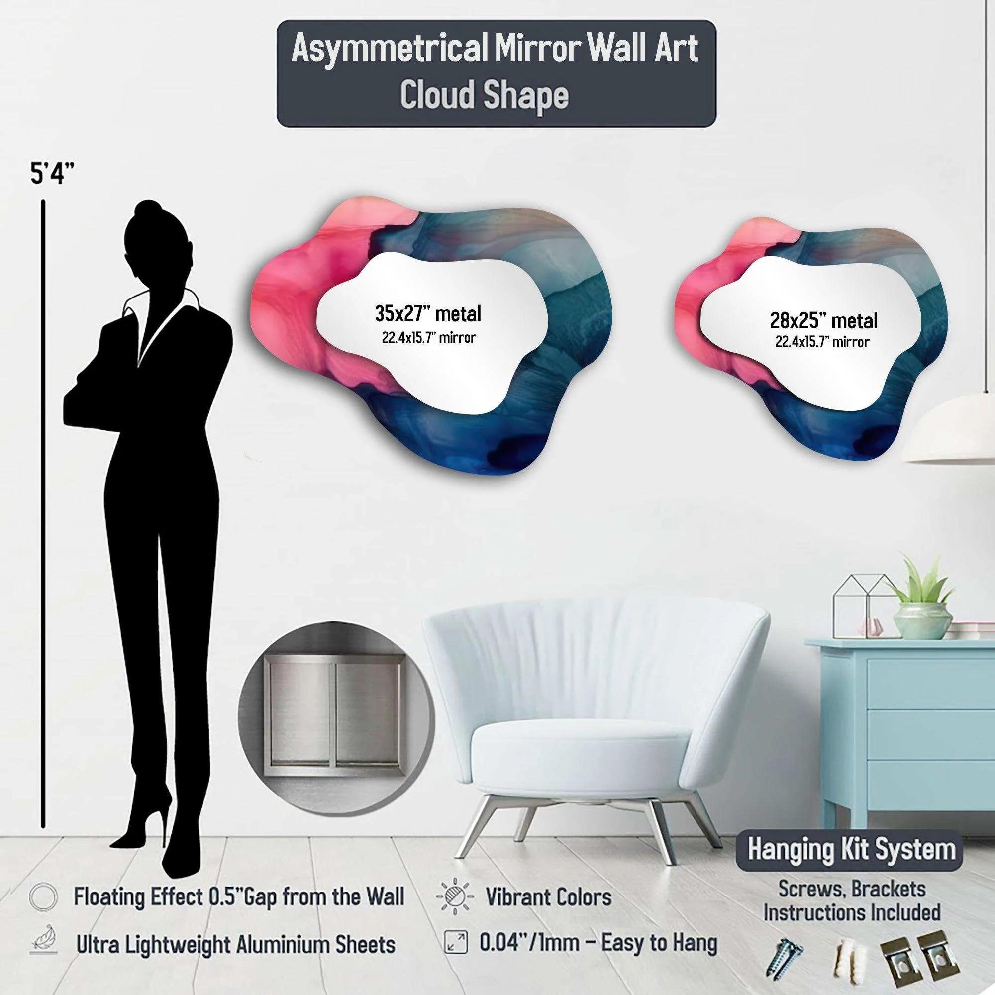 Modern White and Gold Abstract - Abstract Big Asymmetrical Wall Mirror