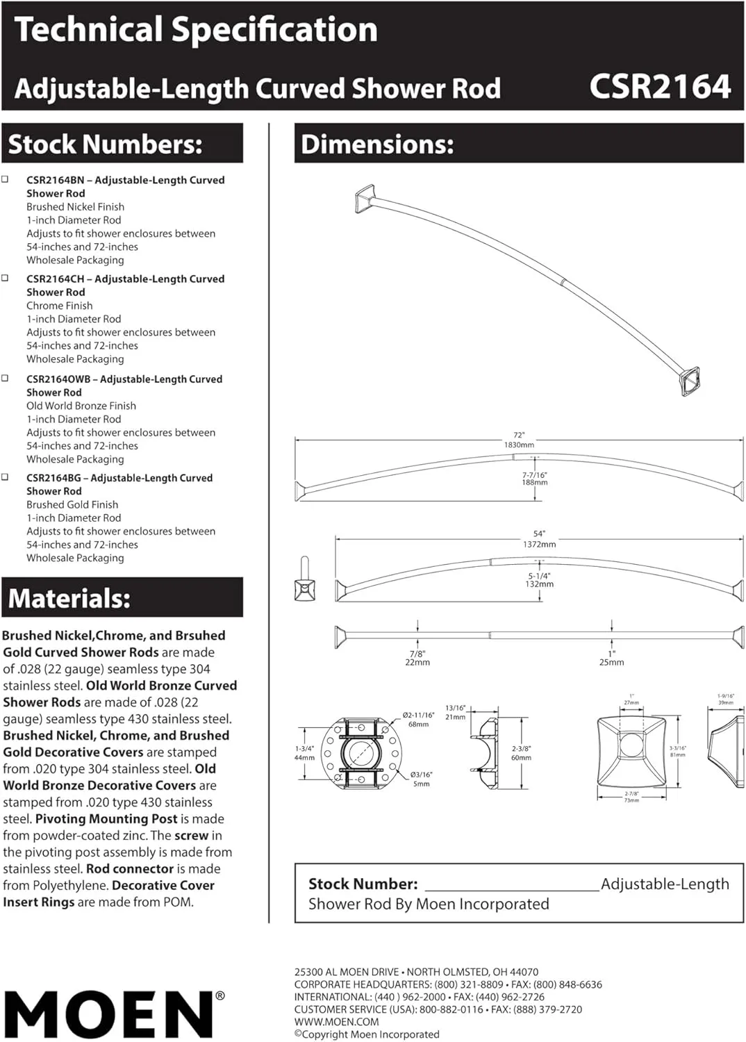 Moen CSR2164CH 60-Inch to 72-Inch Permanent Mount Adjustable Curved Shower Rod, Chrome