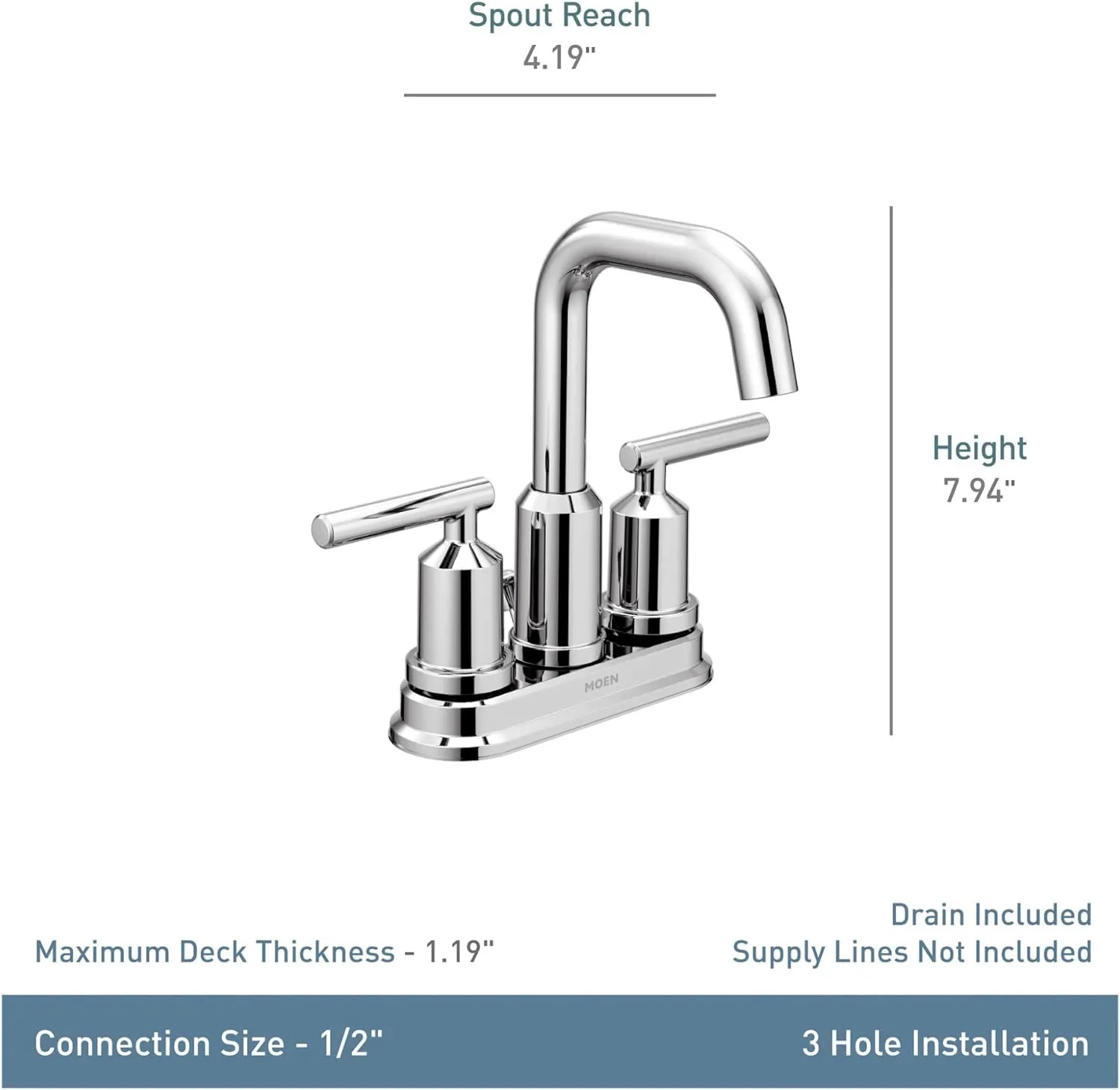 Moen Gibson Chrome Two-Handle Centerset High Arc Modern Bathroom Faucet with Drain Assembly, 6150