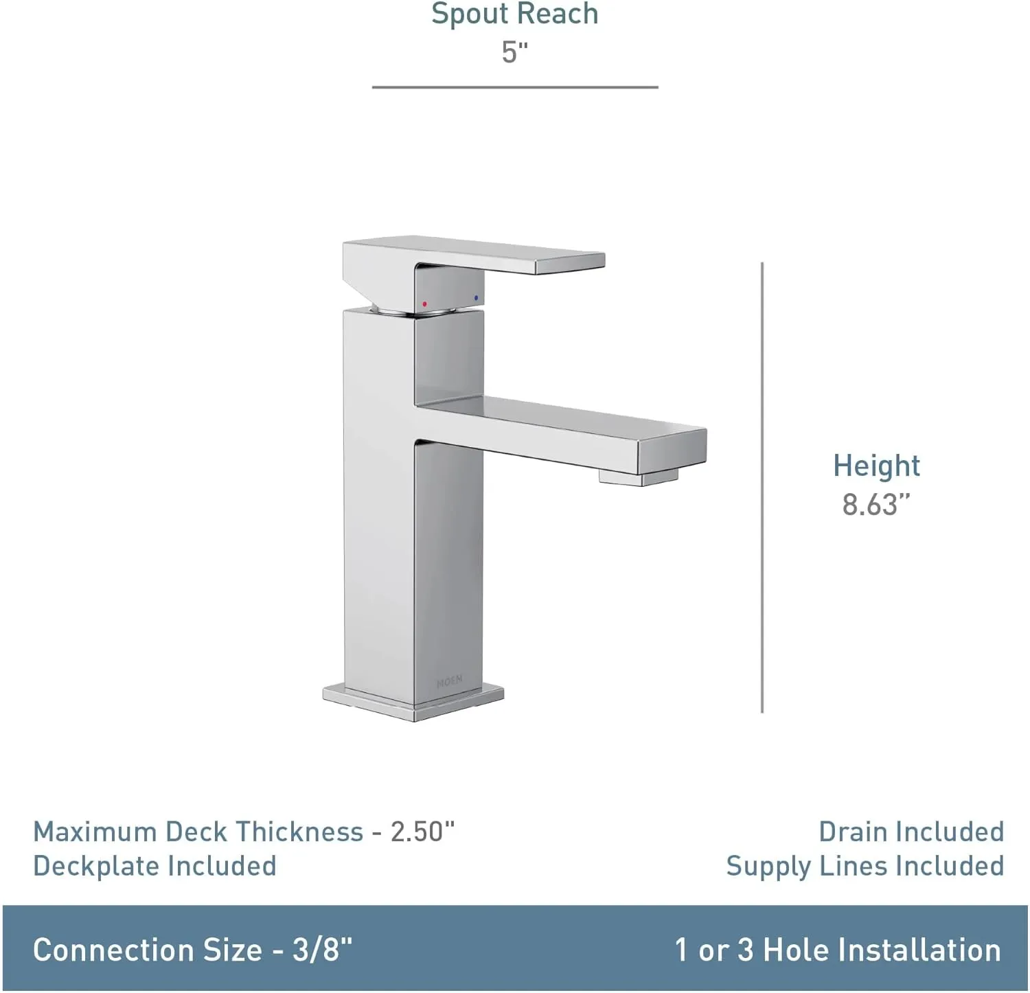 Moen Revyl Chrome One-Handle Single Hole Modern Bathroom Sink Faucet with Optional Deckplate and Spring Loaded Drain Assembly, 84771