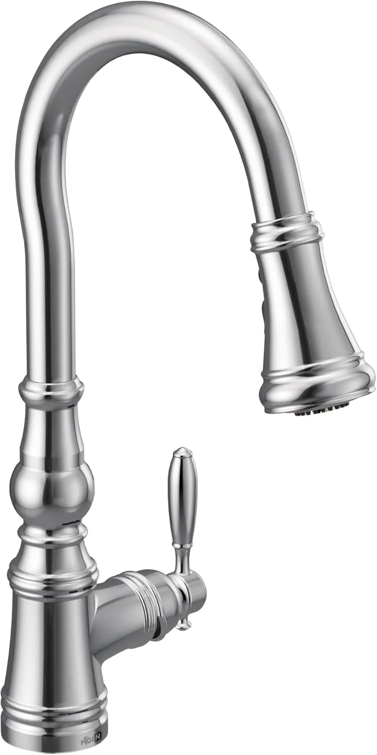 Moen S73004 Weymouth Shepherd's Hook Pulldown Kitchen Faucet Featuring Metal Wand with Power Boost, Chrome