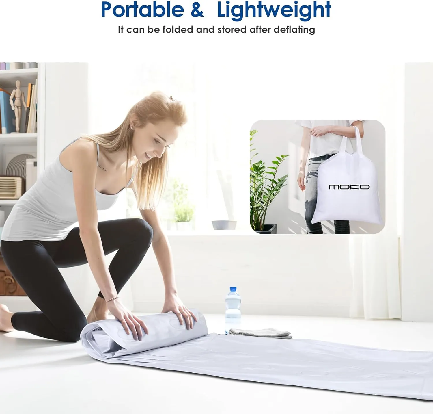 MoKo Air Mattress Queen with Built in Pump, 18'' Luxury Inflatable Mattress, 3 Min Fast Blow up Mattress with Dual-Chamber, Comfort Top - Velvety Air Bed for Home, Camping, Travel, Guests, White/Blue